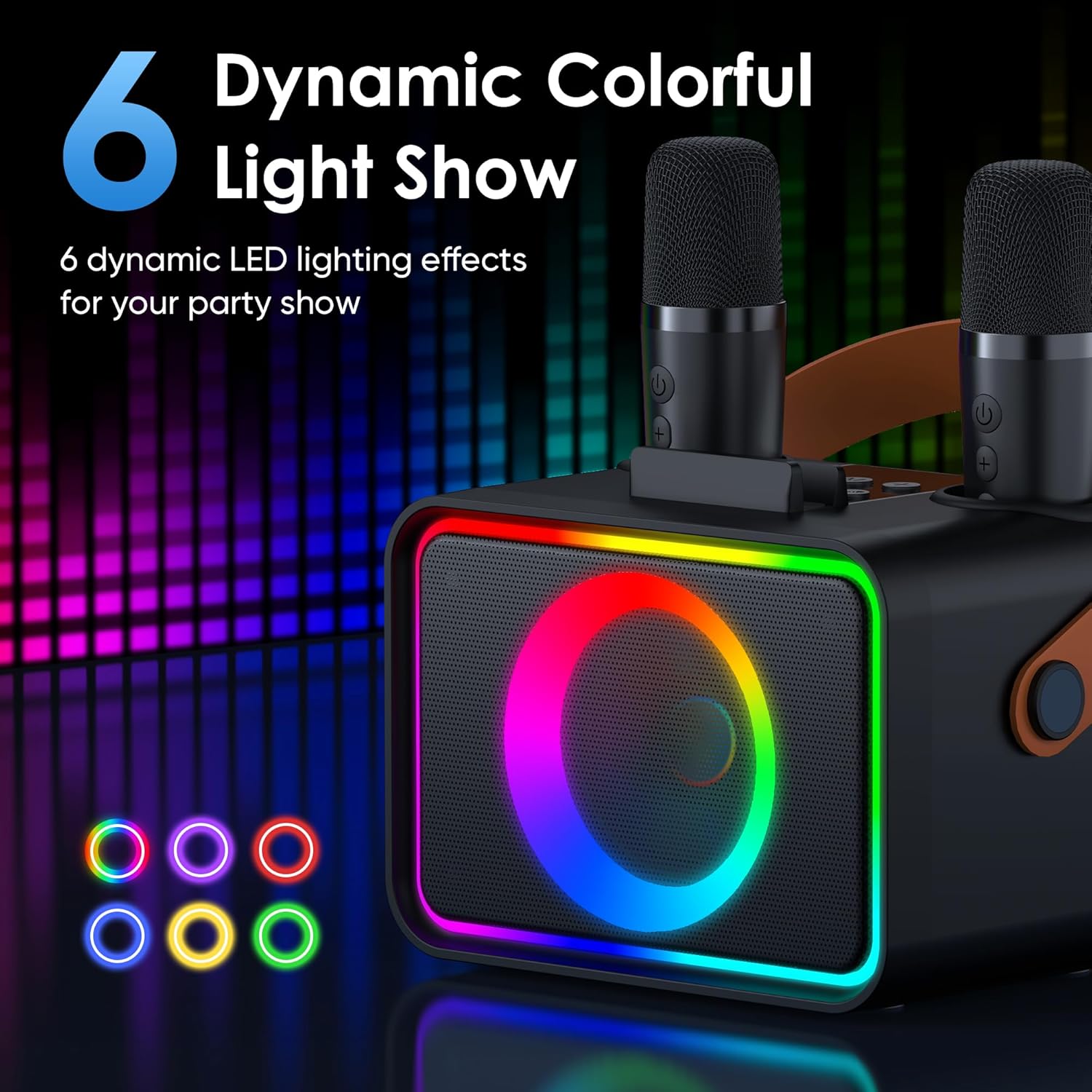 Portable Bluetooth Speaker with 2 Wireless Microphone for Adults & Kids with LED Lights, Karaoke Microphone Machine with PA System Supports USB/TF/AUX,Gift for Party (Black)