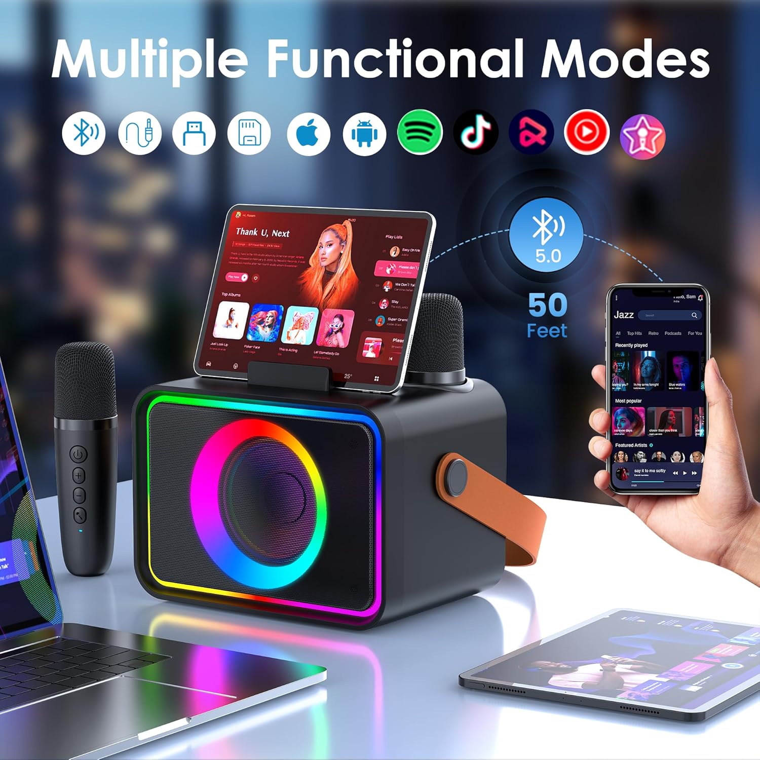 Portable Bluetooth Speaker with 2 Wireless Microphone for Adults & Kids with LED Lights, Karaoke Microphone Machine with PA System Supports USB/TF/AUX,Gift for Party (Black)