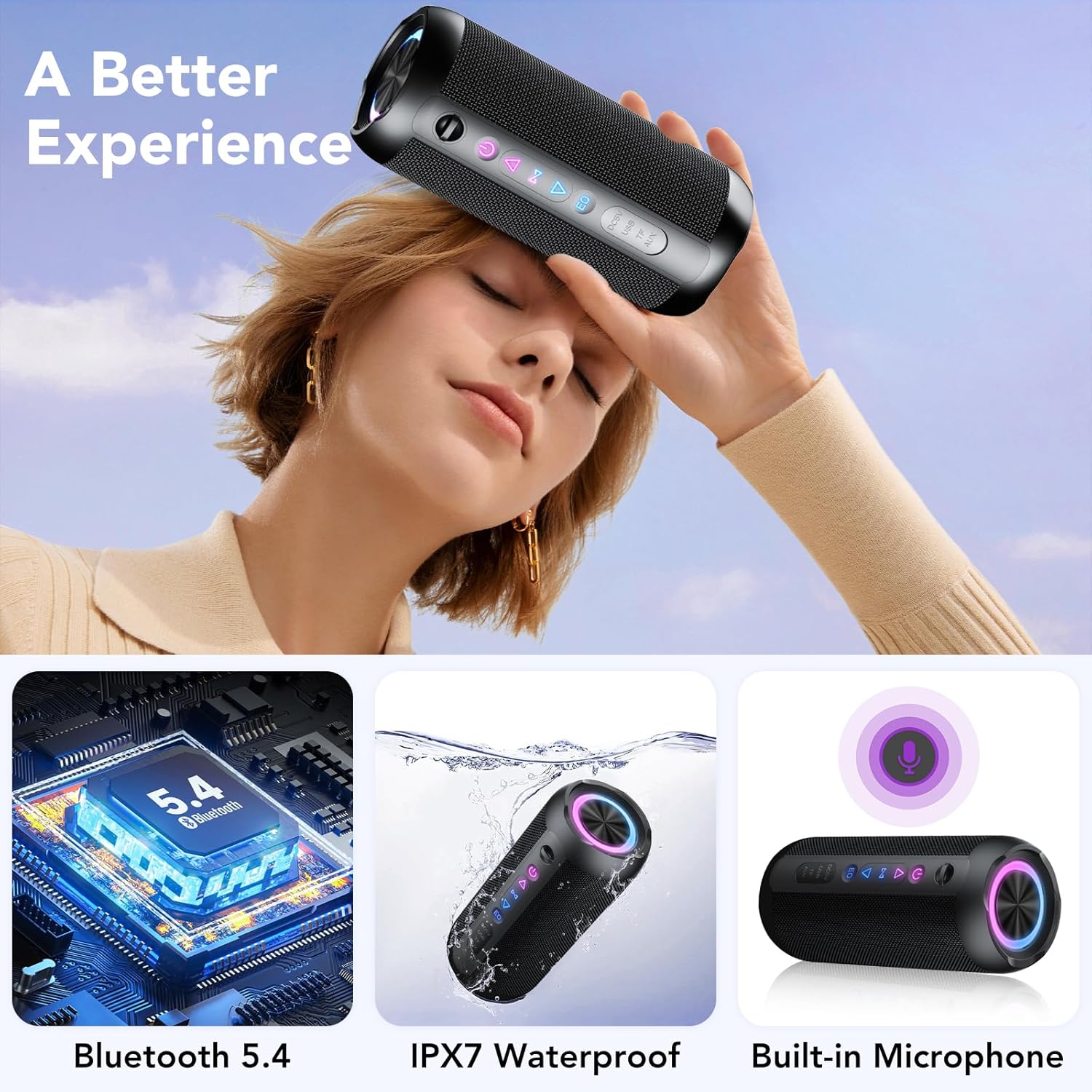 Taopodo Portable Bluetooth Speaker with 30W Stereo Sound, 3 EQ Mode & 3 RGB lights, IPX7 Waterproof, 30H Playtime, TWS Wireless Pairing, Outdoor Speaker for Home, Outdoors and Hiking