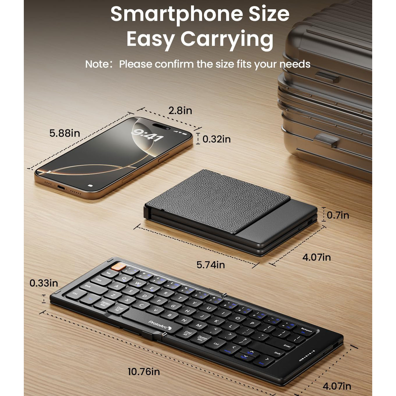 ProtoArc XK04 Portable Bluetooth Foldable Compact Keyboard with PU Leather Cover, Pocket-Sized Wireless Travel Keyboards for Smartphone, Tablet and Laptop - Black
