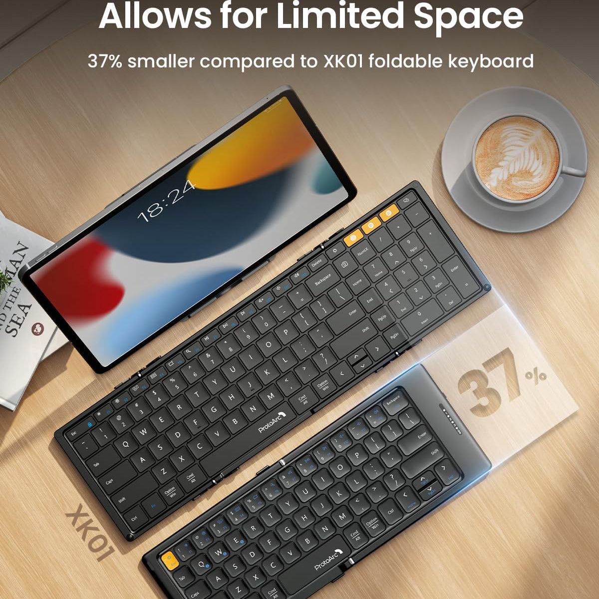 ProtoArc XK04 Portable Bluetooth Foldable Compact Keyboard with PU Leather Cover, Pocket-Sized Wireless Travel Keyboards for Smartphone, Tablet and Laptop - Black