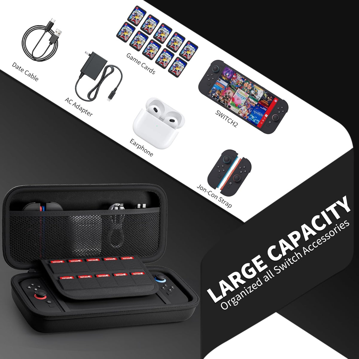 RHOTALL Switch 2 Carrying Case Compatible with Nintendo Switch 2, Protective Fashionable & Portable Carrying Travel Case with 10 Game Cartridge Slots for Charger and Accessories