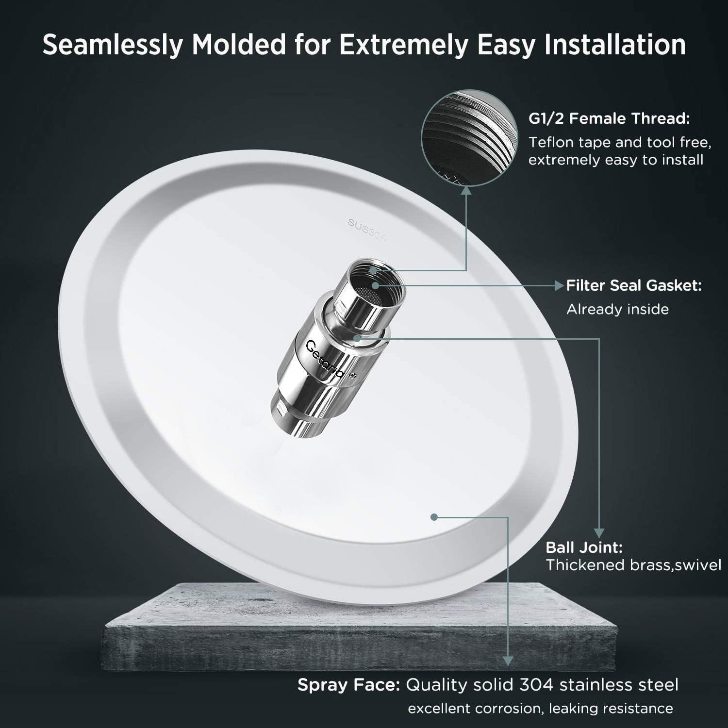 Getaria Rainfall Shower Head,6" Round Stainless Steel Rain Shower Heads with Anti-Limescale Nozzles Waterfall ShowerHead, Ultra-Thin Desigh Shower Rain Head with Adjustable Angles