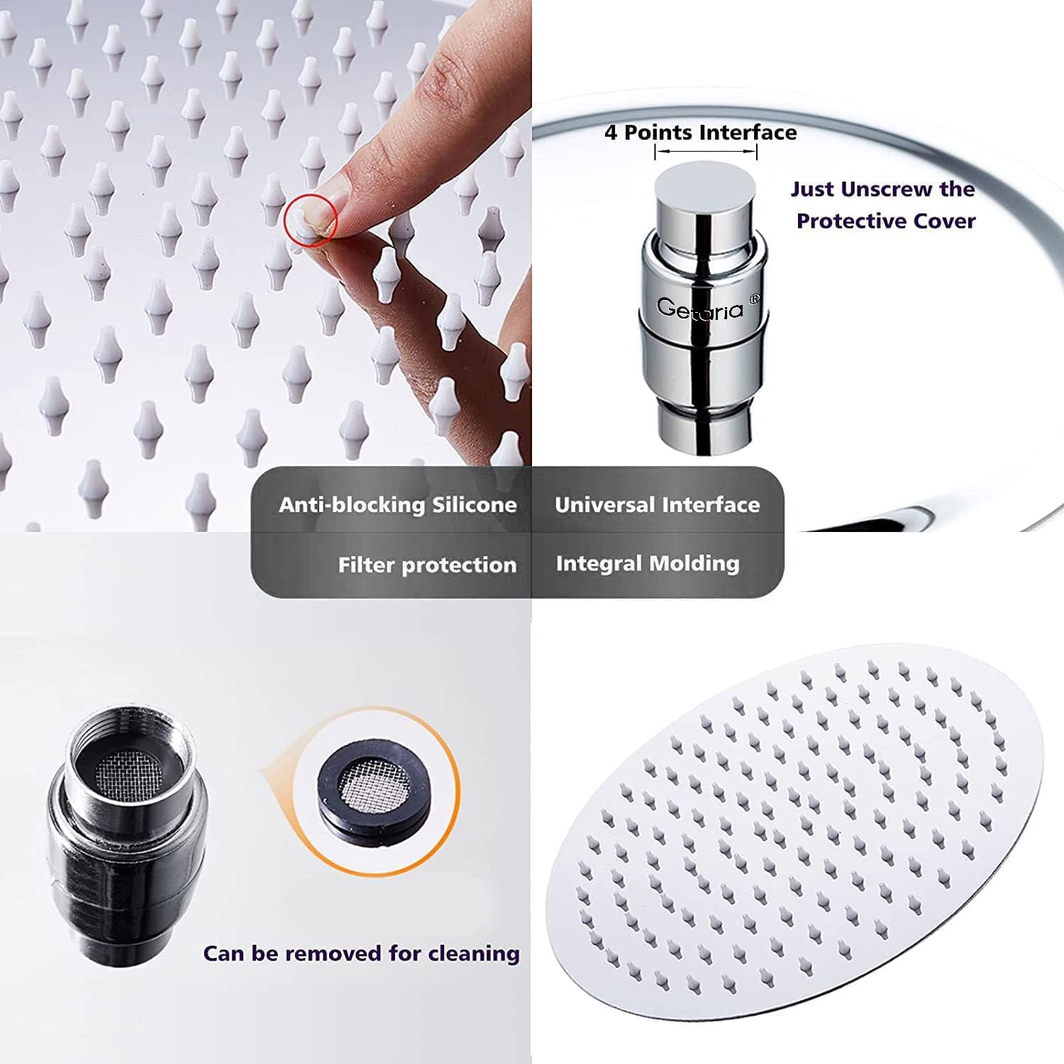 Getaria Rainfall Shower Head,6" Round Stainless Steel Rain Shower Heads with Anti-Limescale Nozzles Waterfall ShowerHead, Ultra-Thin Desigh Shower Rain Head with Adjustable Angles