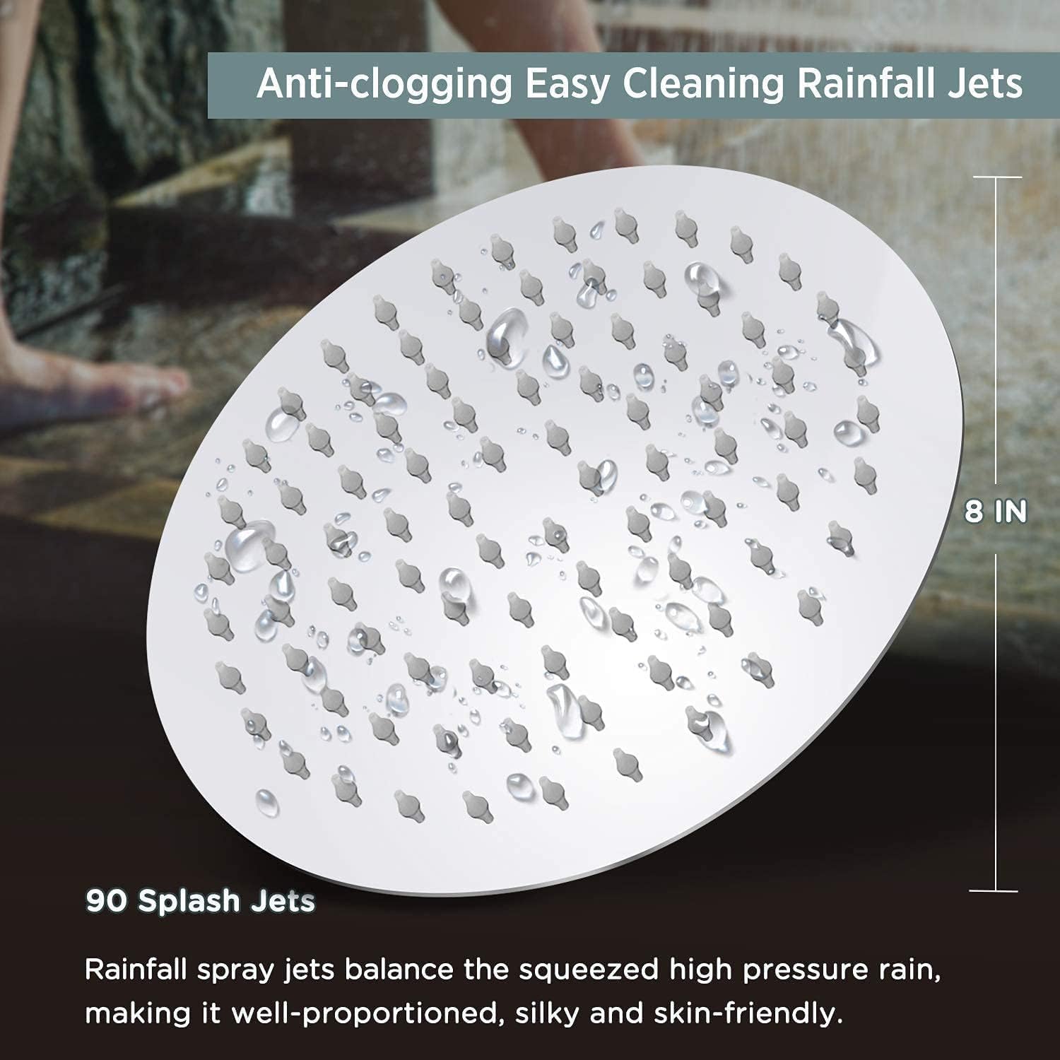Getaria Rainfall Shower Head,6" Round Stainless Steel Rain Shower Heads with Anti-Limescale Nozzles Waterfall ShowerHead, Ultra-Thin Desigh Shower Rain Head with Adjustable Angles