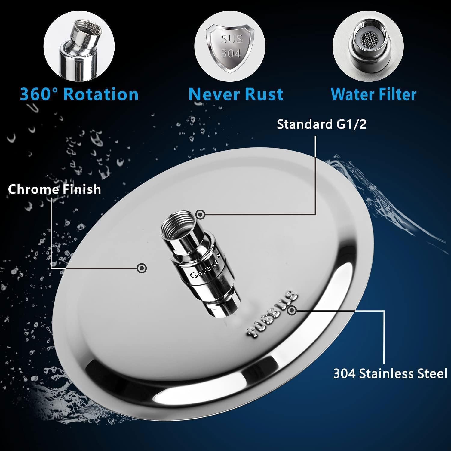 Getaria Rainfall Shower Head,6" Round Stainless Steel Rain Shower Heads with Anti-Limescale Nozzles Waterfall ShowerHead, Ultra-Thin Desigh Shower Rain Head with Adjustable Angles