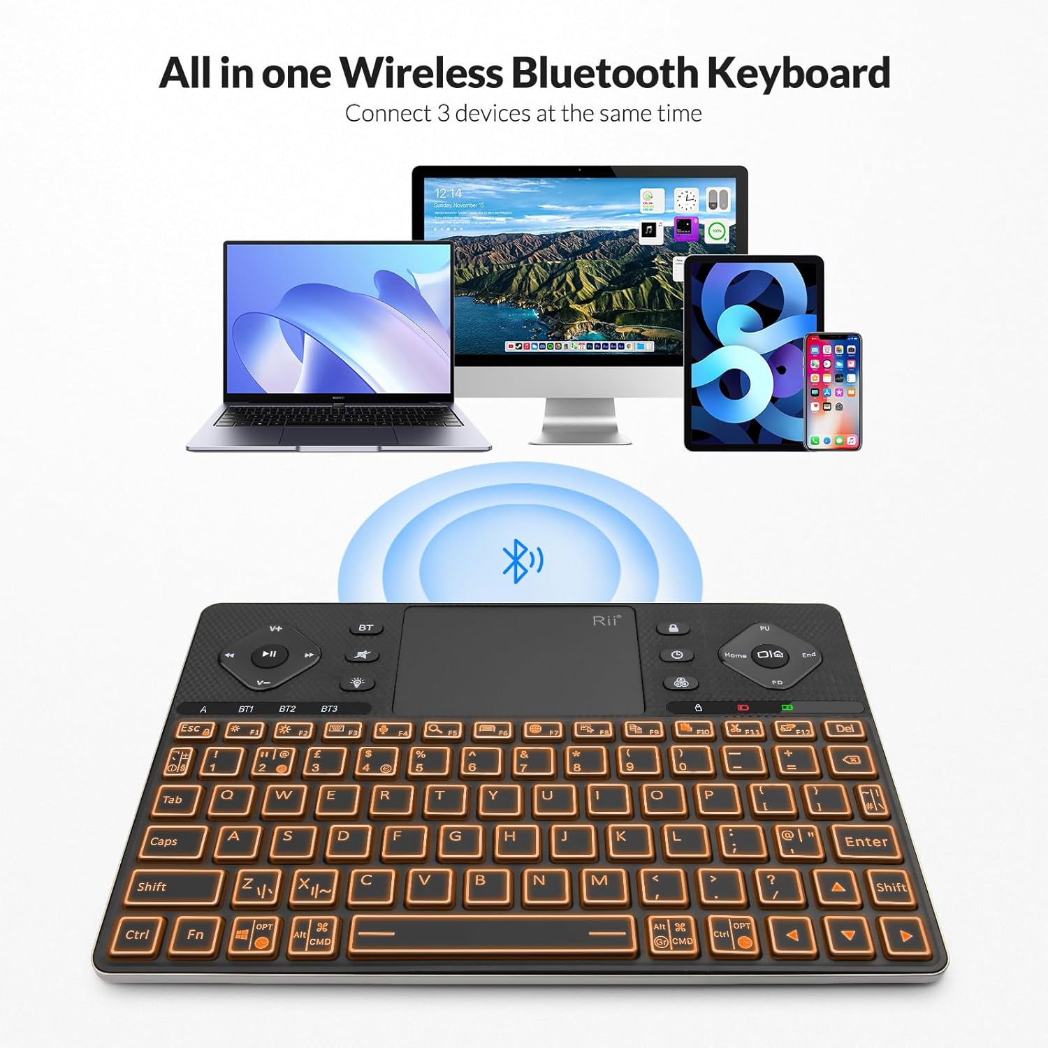 Rii K16+ Bluetooth Keyboard with Touchpad, Rechargeable Wireless Keyboard with RGB Backlit, Multimedia Keyboard for Tablet, PC, HTPC, Smart TV, Projector, Android TV, Laptop, UK Layout