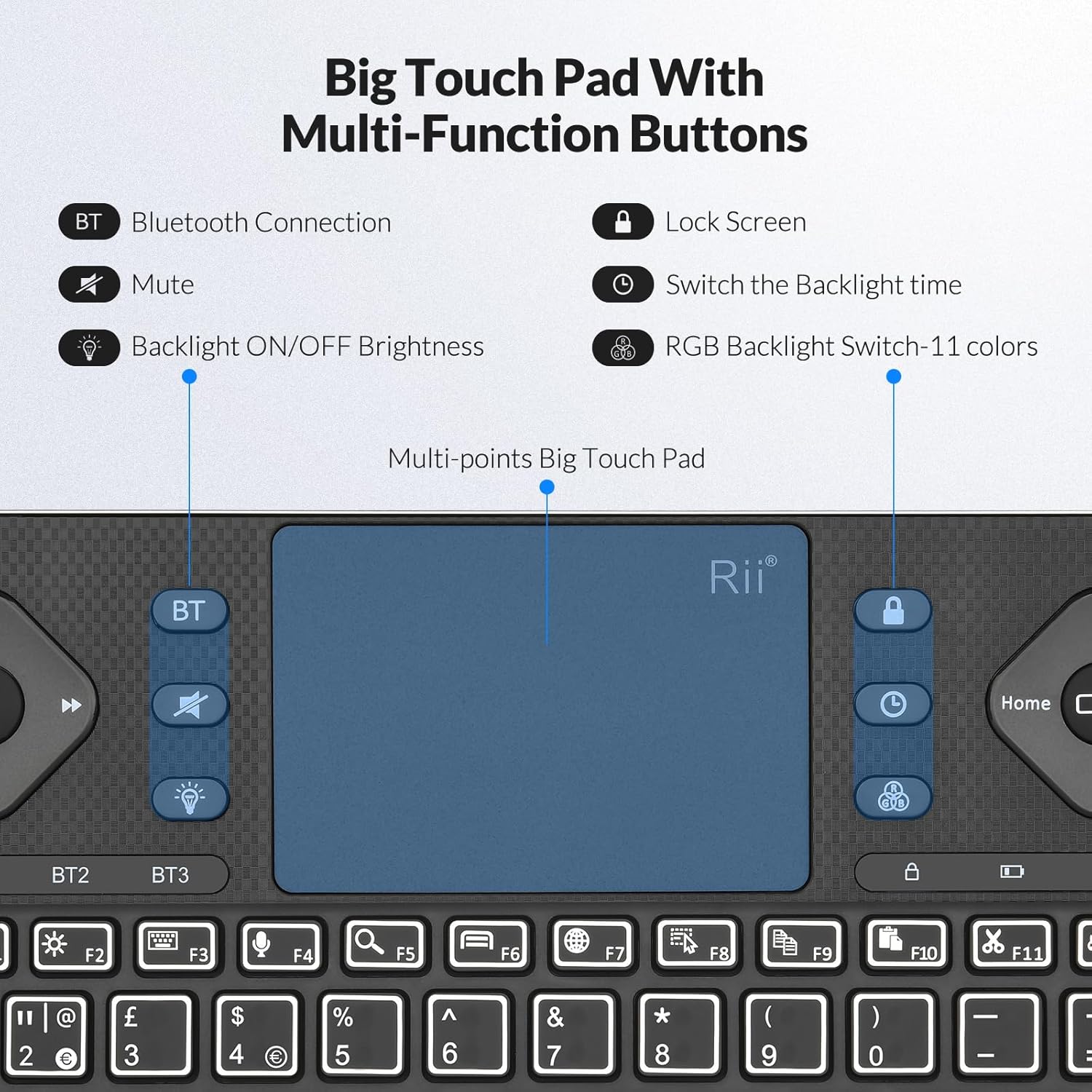 Rii K16+ Bluetooth Keyboard with Touchpad, Rechargeable Wireless Keyboard with RGB Backlit, Multimedia Keyboard for Tablet, PC, HTPC, Smart TV, Projector, Android TV, Laptop, UK Layout