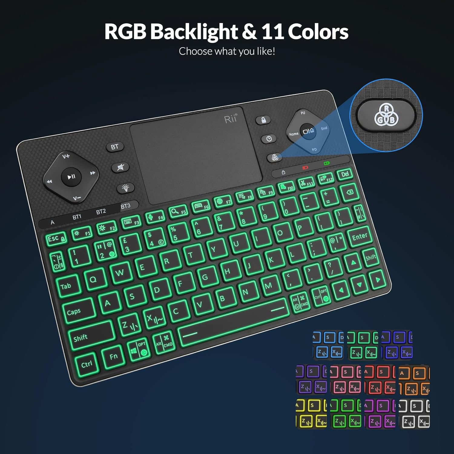 Rii K16+ Bluetooth Keyboard with Touchpad, Rechargeable Wireless Keyboard with RGB Backlit, Multimedia Keyboard for Tablet, PC, HTPC, Smart TV, Projector, Android TV, Laptop, UK Layout