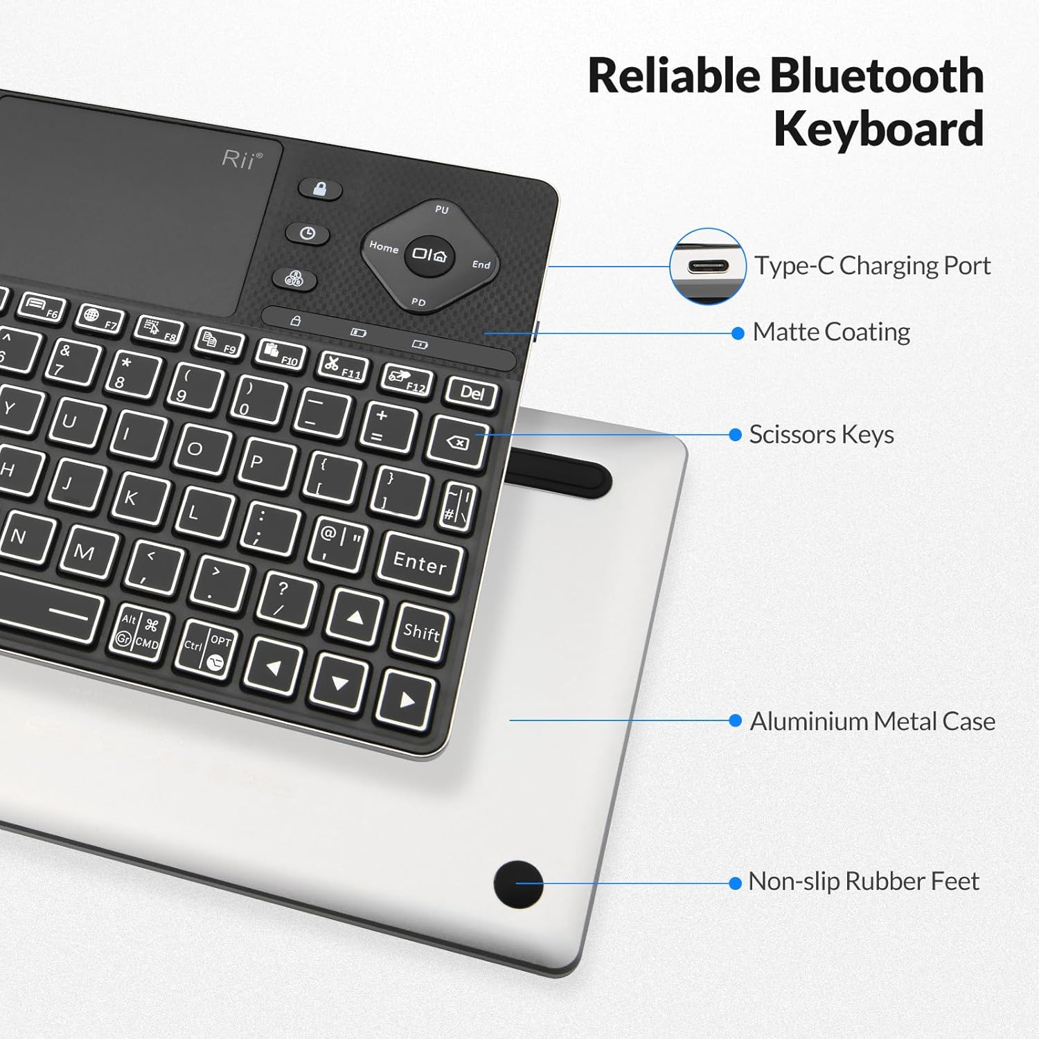 Rii K16+ Bluetooth Keyboard with Touchpad, Rechargeable Wireless Keyboard with RGB Backlit, Multimedia Keyboard for Tablet, PC, HTPC, Smart TV, Projector, Android TV, Laptop, UK Layout