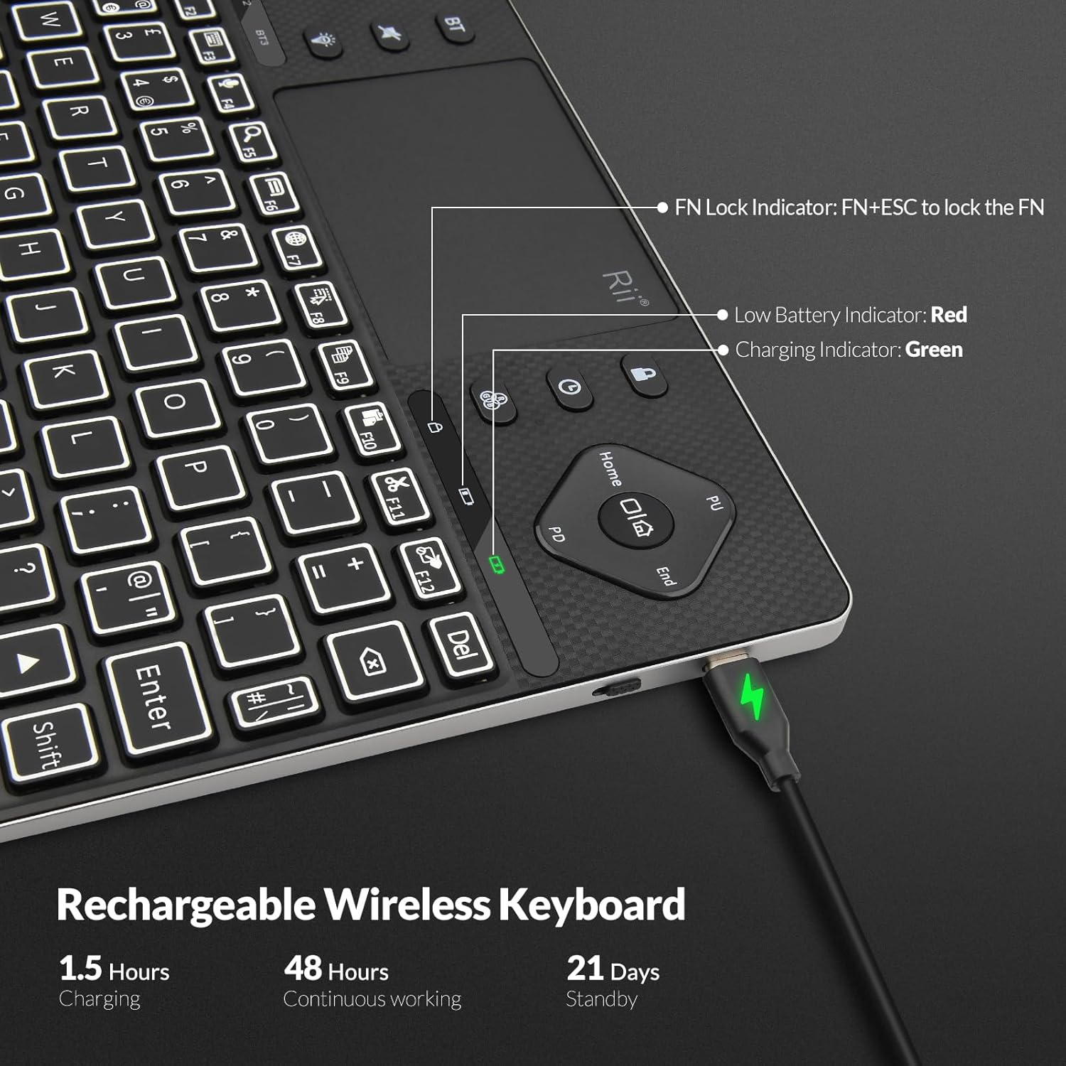 Rii K16+ Bluetooth Keyboard with Touchpad, Rechargeable Wireless Keyboard with RGB Backlit, Multimedia Keyboard for Tablet, PC, HTPC, Smart TV, Projector, Android TV, Laptop, UK Layout