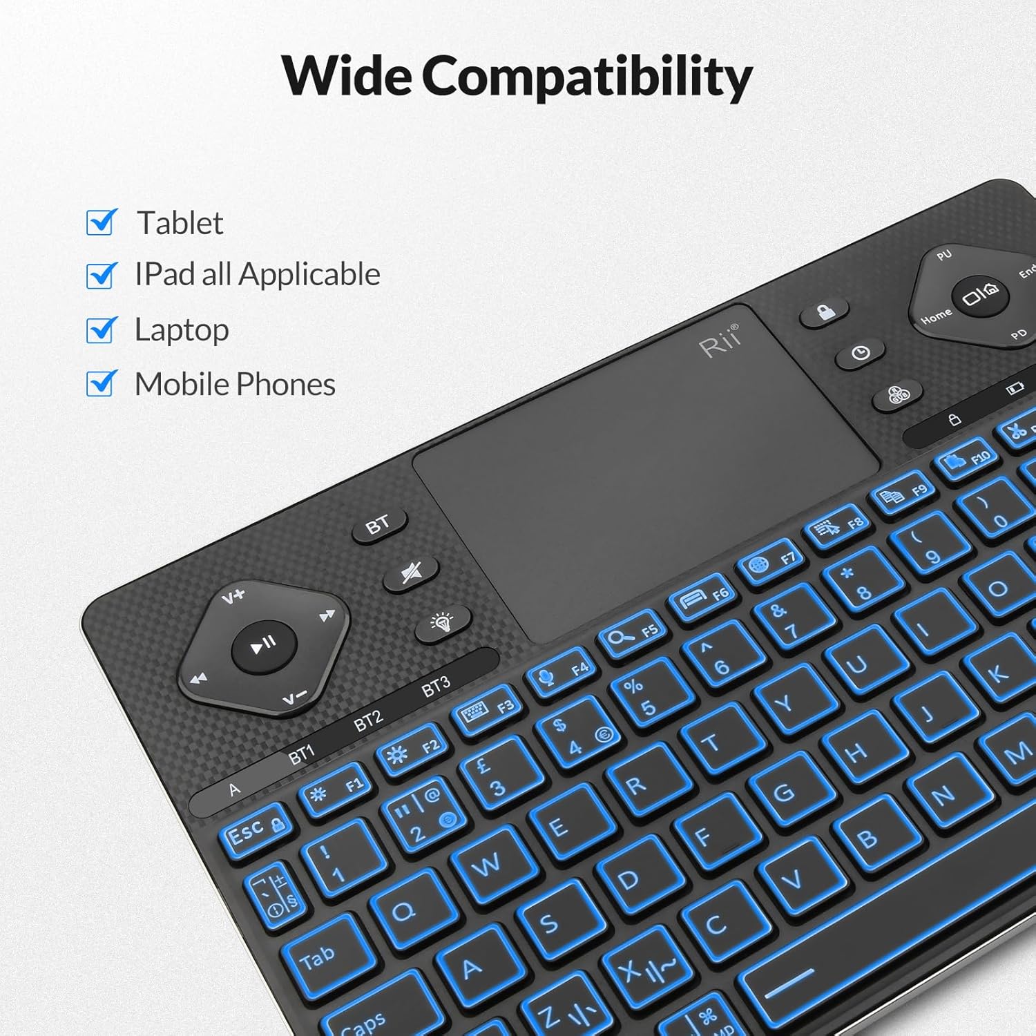 Rii K16+ Bluetooth Keyboard with Touchpad, Rechargeable Wireless Keyboard with RGB Backlit, Multimedia Keyboard for Tablet, PC, HTPC, Smart TV, Projector, Android TV, Laptop, UK Layout
