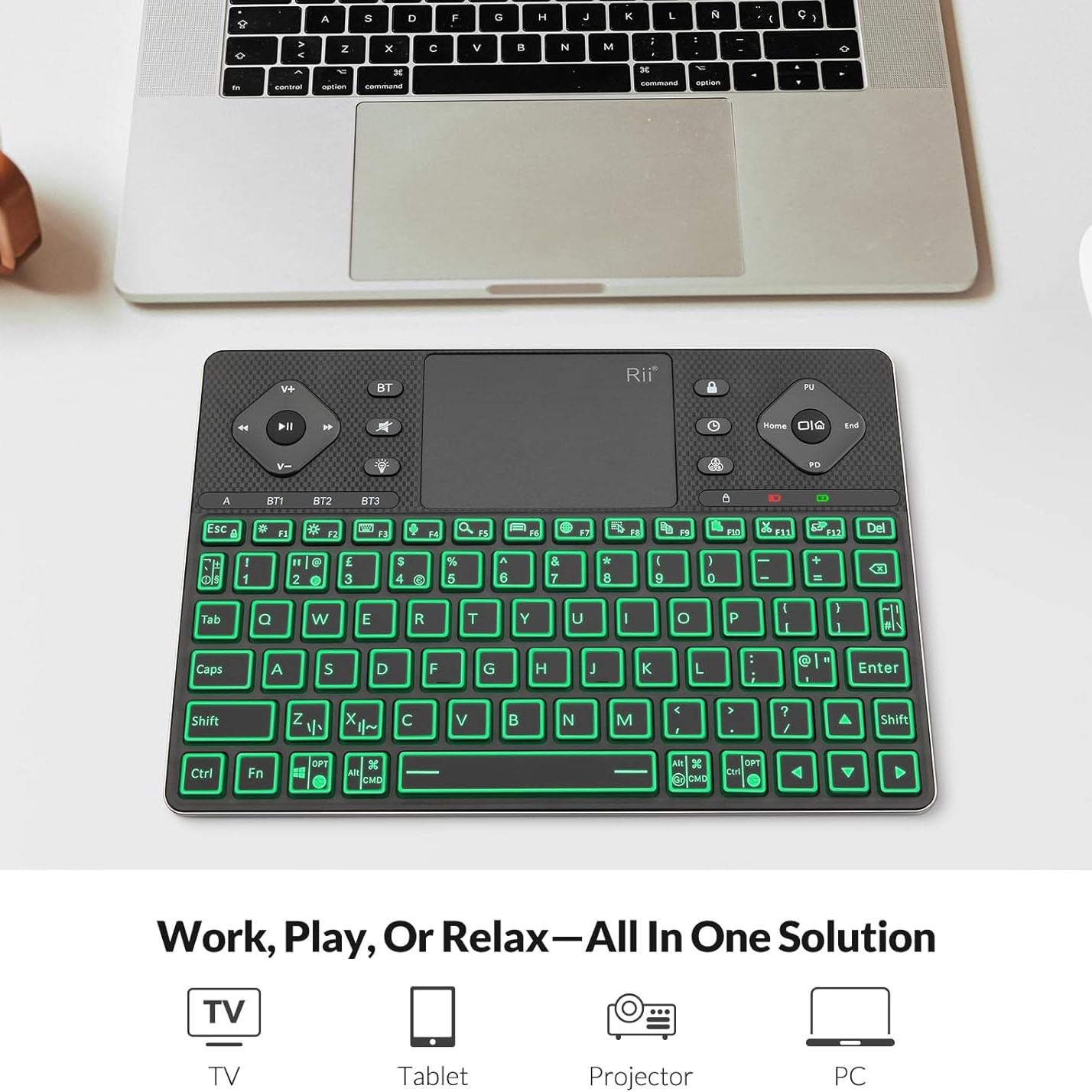 Rii K16+ Bluetooth Keyboard with Touchpad, Rechargeable Wireless Keyboard with RGB Backlit, Multimedia Keyboard for Tablet, PC, HTPC, Smart TV, Projector, Android TV, Laptop, UK Layout