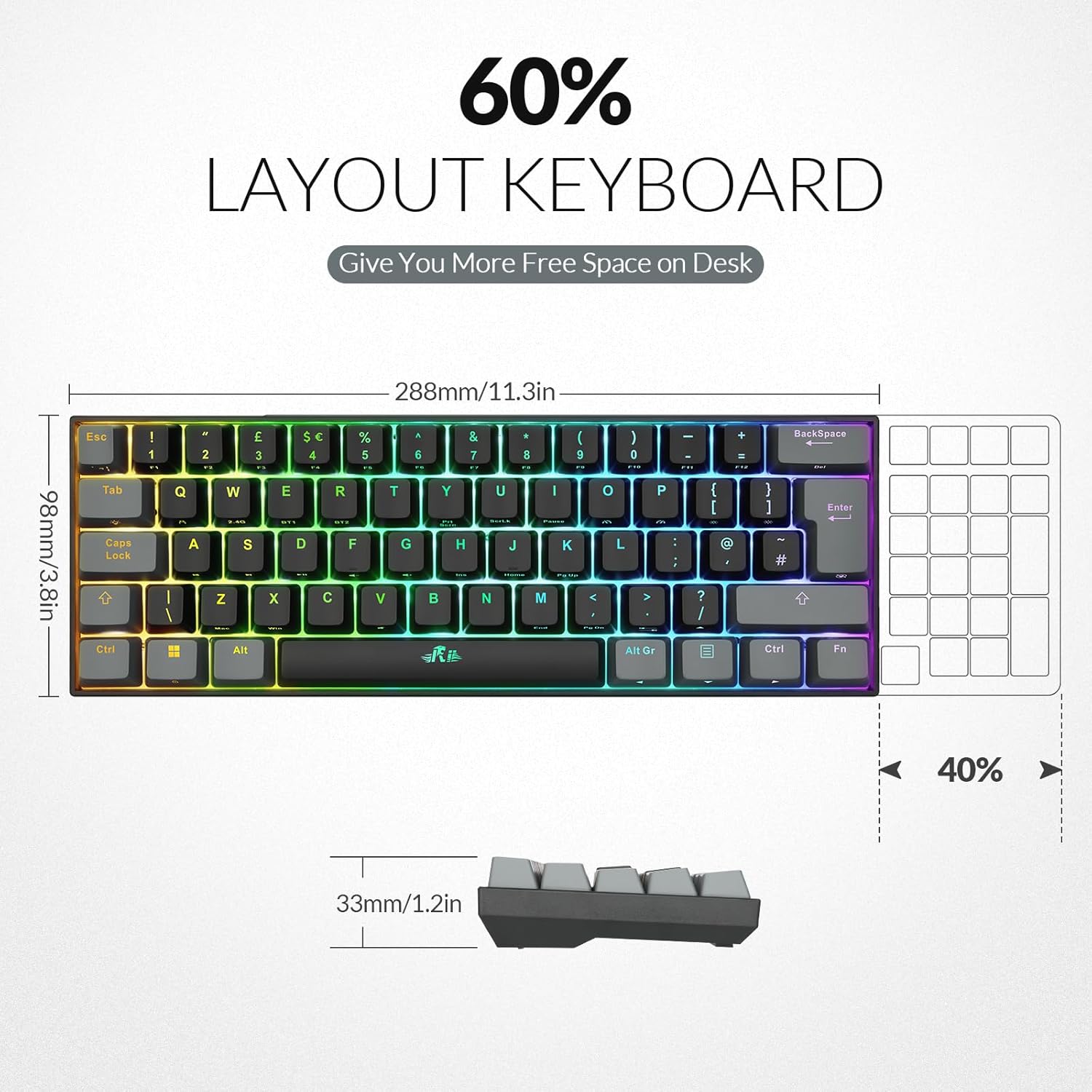 Rii Wireless Mechanical Keyboard,Tri-modes(BT5.0/2.4G/Wired),Multi-Device Gaming Keyboard,Programmable RGB Backlit &Shotcuts,UK Layout -Red Switches (UK Import)