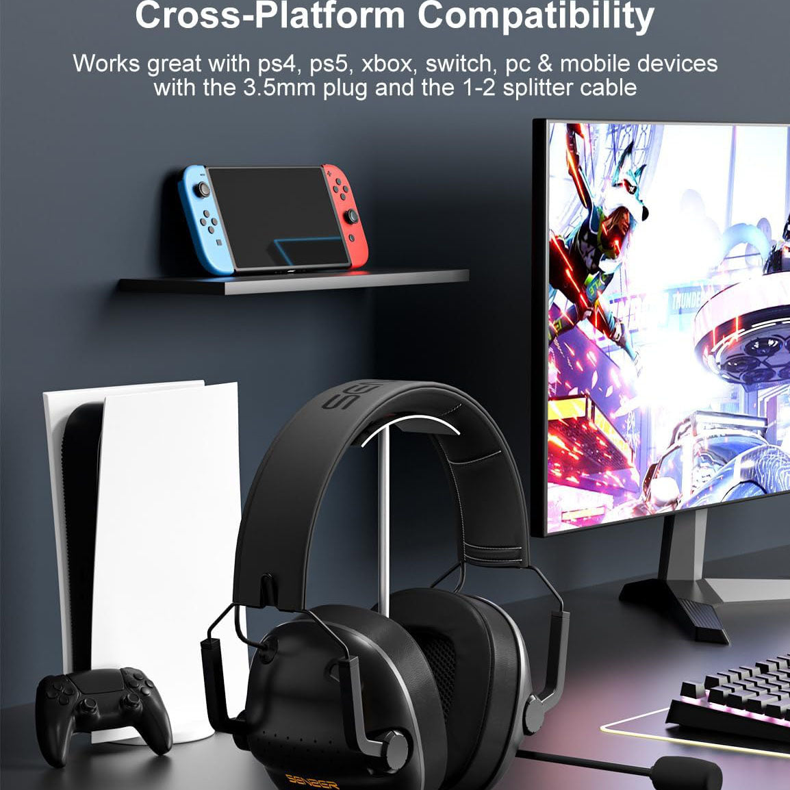 SENZER SG500 Surround Sound Pro Gaming Headset with Noise Cancelling Microphone - Soft Memory Foam Padding - Portable Foldable Headphones for PC, PS4, PS5, Xbox One, Switch - Black