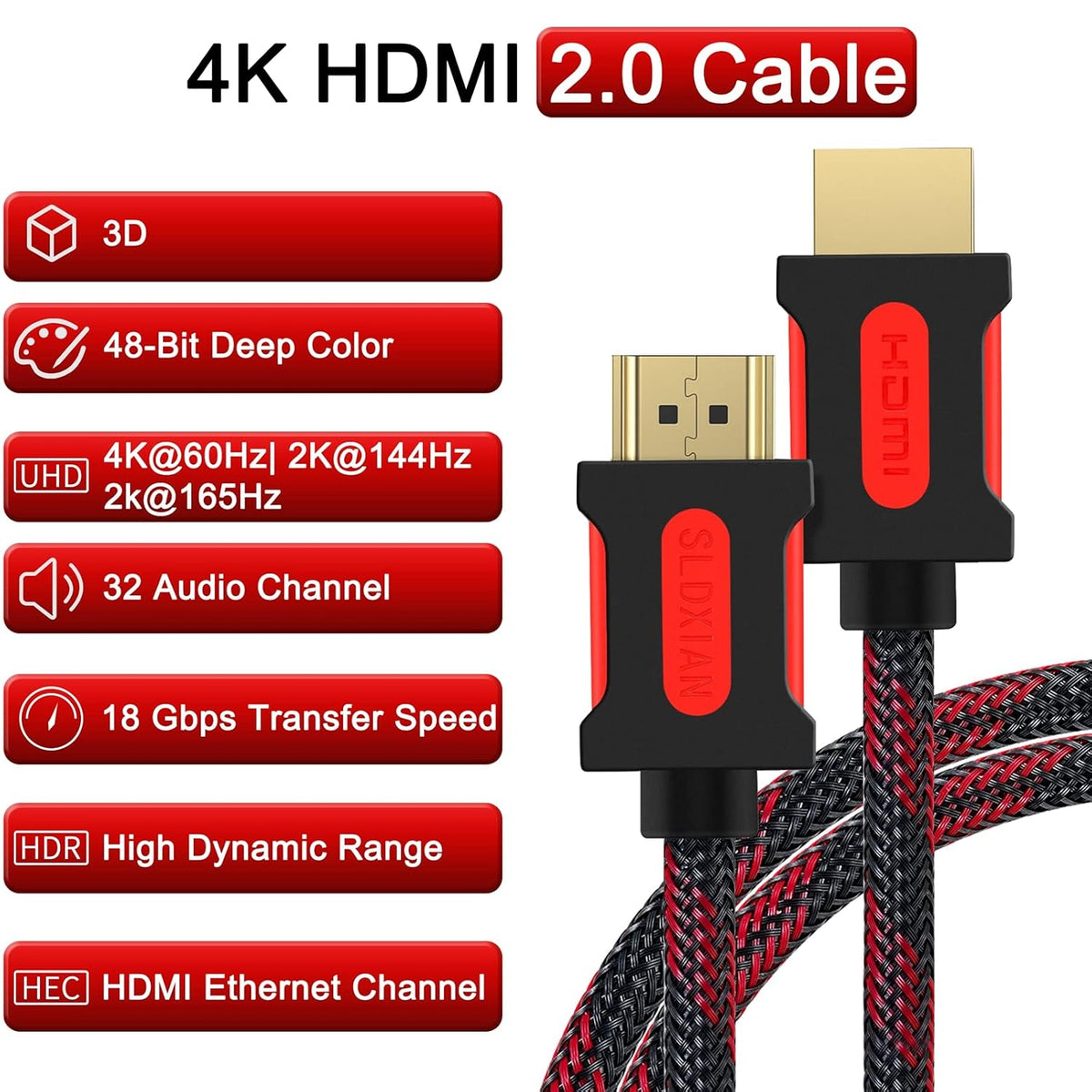 SLDXIAN 4K High Speed HDMI 2.0 Cable Over Ethernet Braided Nylon Supports 3D HDR Audio Return Compatible with PS3, PS4, PC, Projector, HDTV, Xbox (1M)