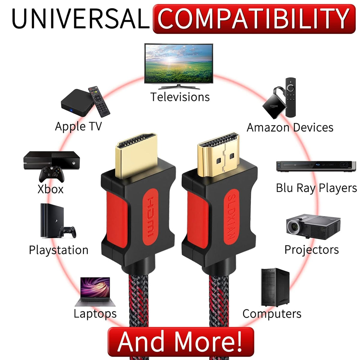 SLDXIAN 4K High Speed HDMI 2.0 Cable Over Ethernet Braided Nylon Supports 3D HDR Audio Return Compatible with PS3, PS4, PC, Projector, HDTV, Xbox (1M)