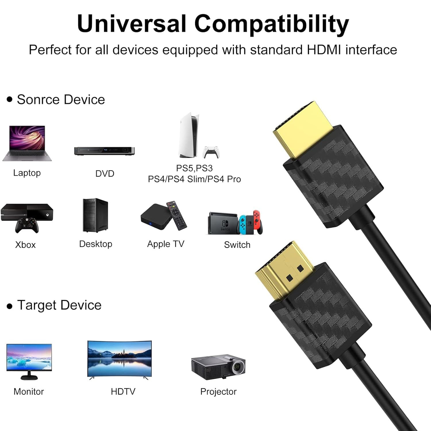 SOEYBAE 4K HDMI Cable, HDMI 2.0 Cable Supports 4K@60Hz, 3D, 2160P, 1080P, Ethernet, HDCP 2.2, ARC, Compatible for PS5/PS4, Xbox One, HDTV (3m/9.8ft) (Pack 1)