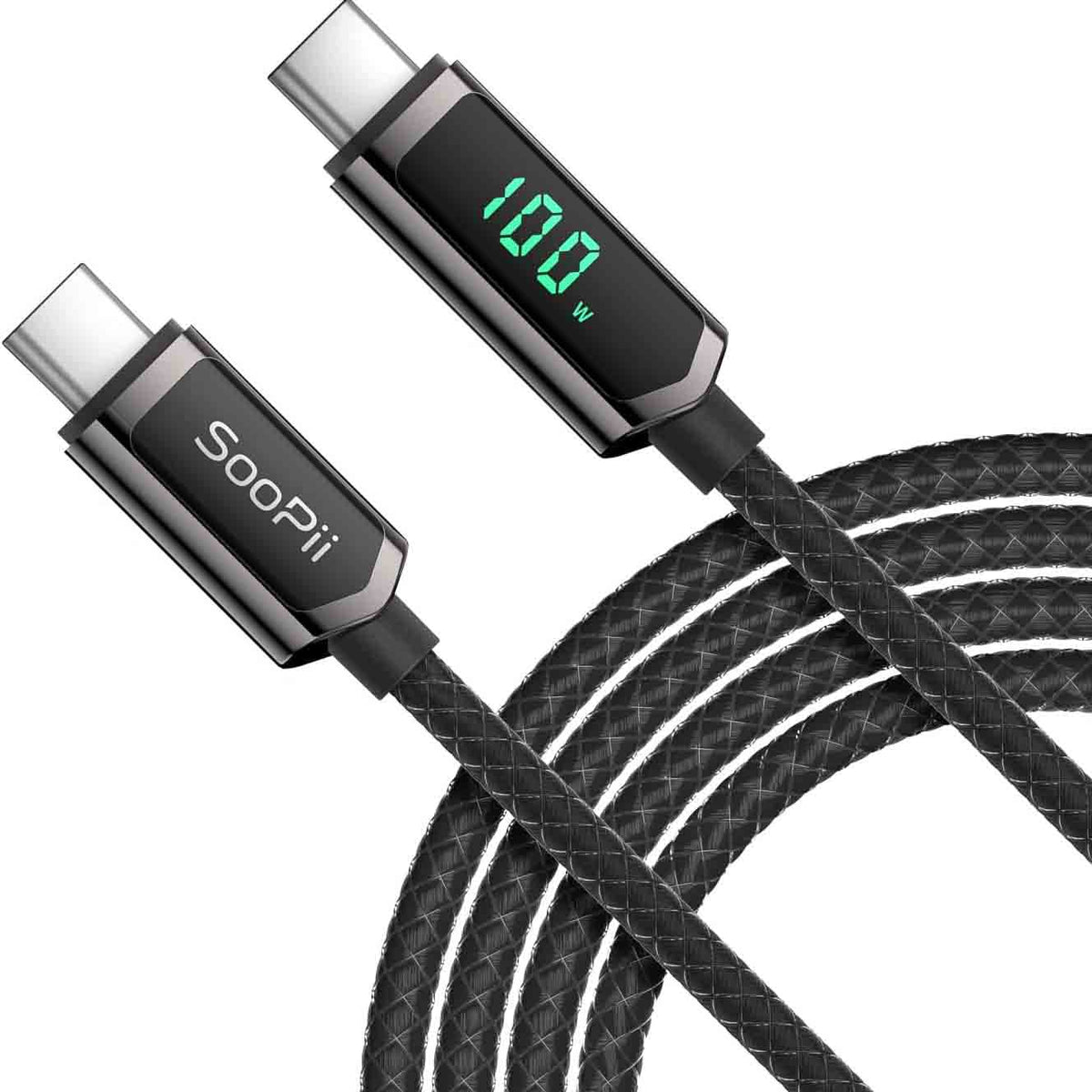 SOOPII 100W USB C Cable Nylon Braided Fast Charging Type-C Cable with LED Display 6.6FT