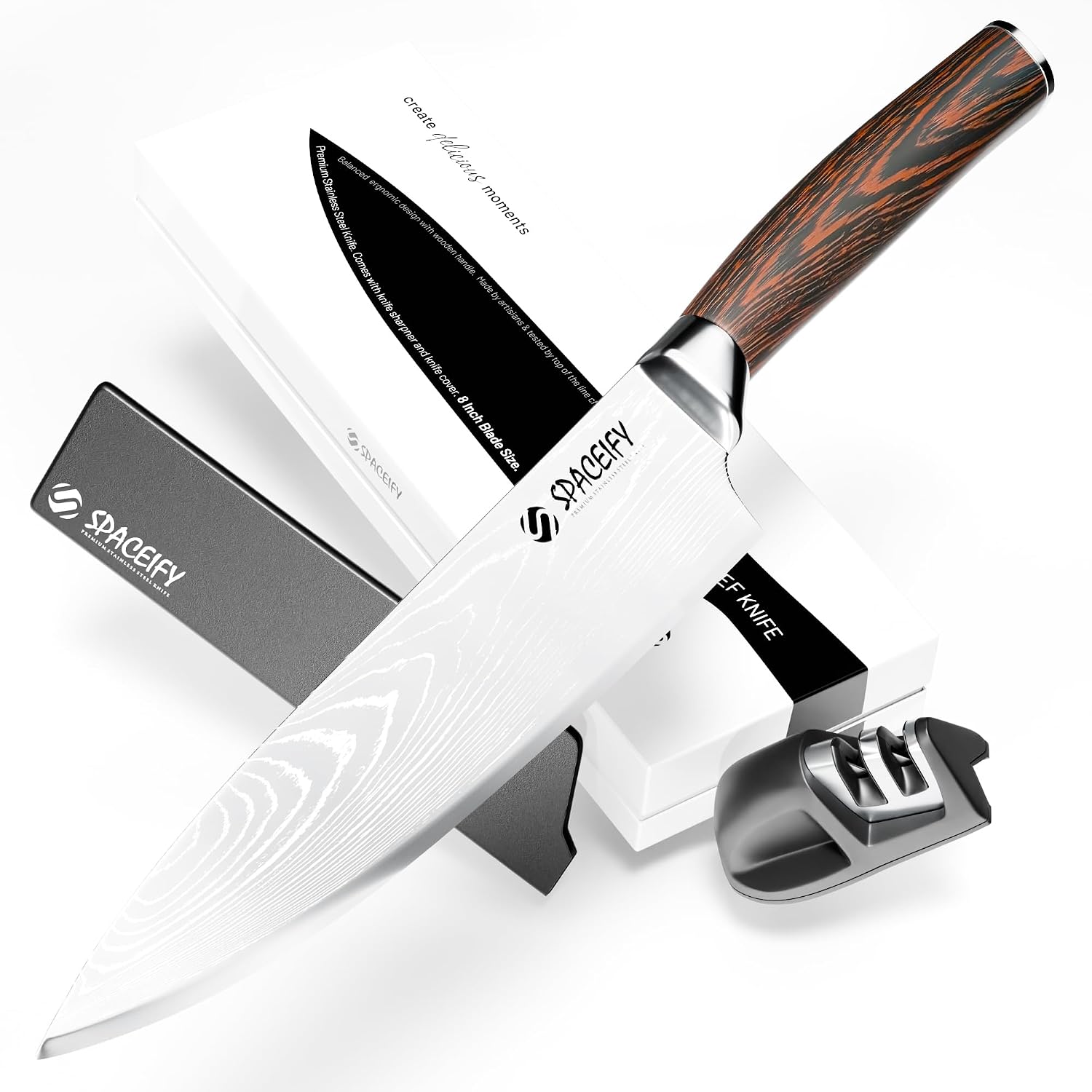 SPACEIFY 8" Chef Knife - Rustproof Food-Grade German Stainless Steel Blade - Anti-Tarnish Chrome Finish, Ergonomic 5" Pakkawood Handle - Kitchen Knife with Sharpener, Sheath, Gift Box