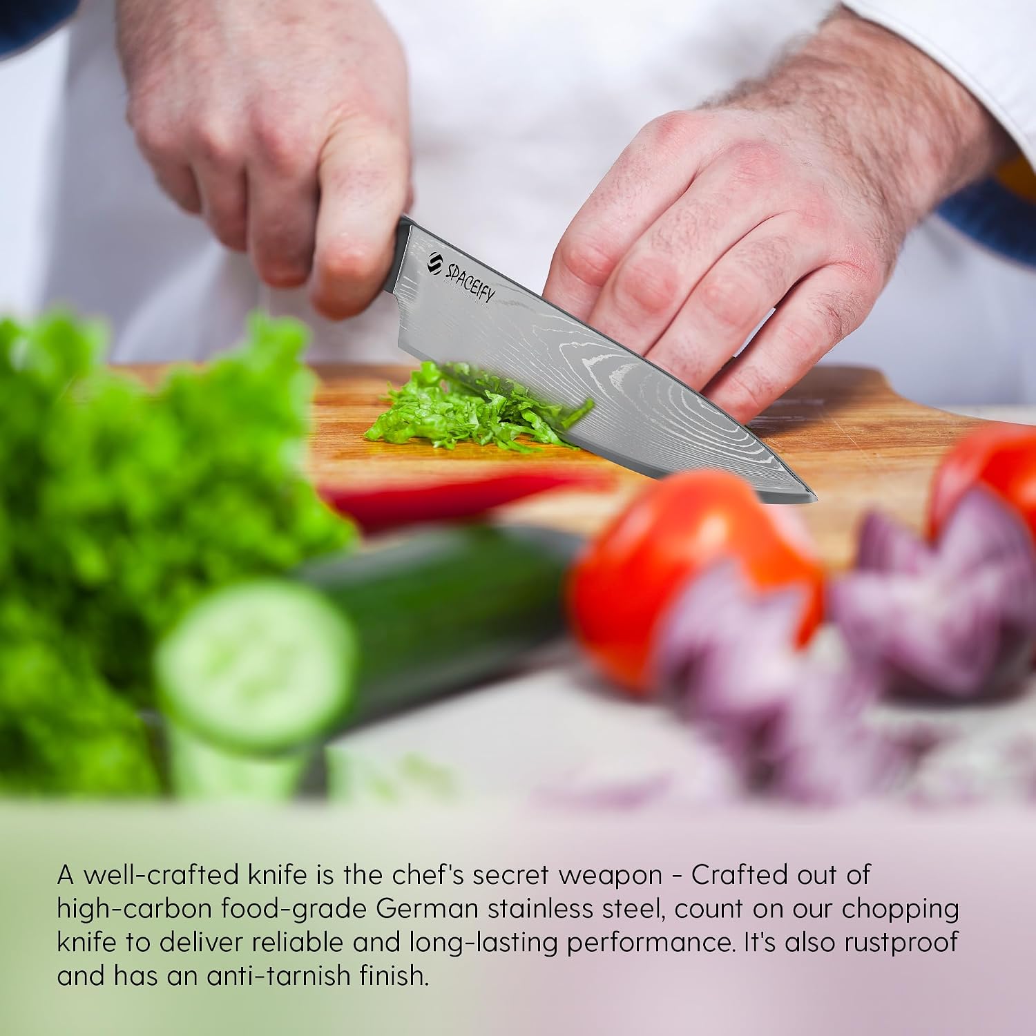SPACEIFY 8" Chef Knife - Rustproof Food-Grade German Stainless Steel Blade - Anti-Tarnish Chrome Finish, Ergonomic 5" Pakkawood Handle - Kitchen Knife with Sharpener, Sheath, Gift Box