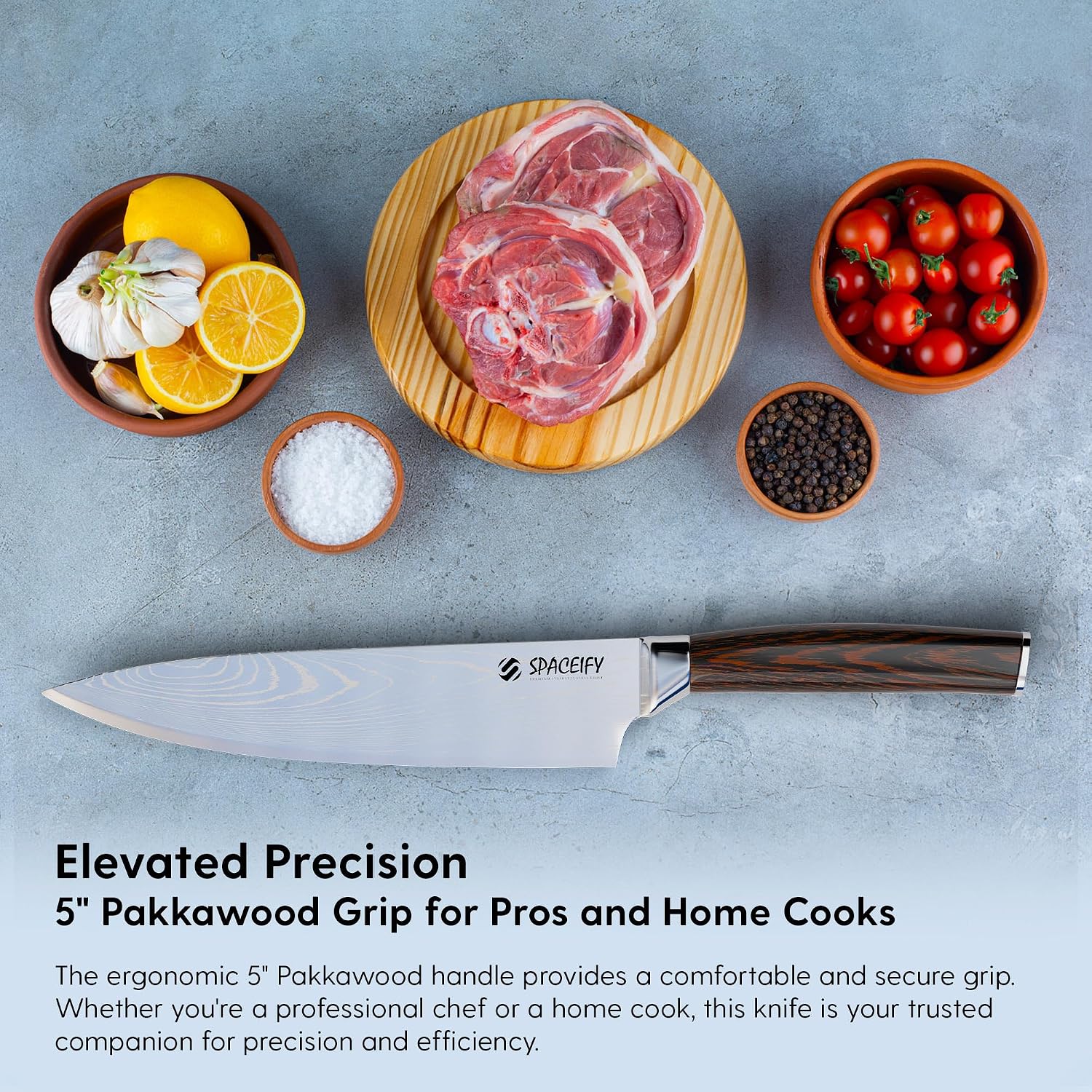 SPACEIFY 8" Chef Knife - Rustproof Food-Grade German Stainless Steel Blade - Anti-Tarnish Chrome Finish, Ergonomic 5" Pakkawood Handle - Kitchen Knife with Sharpener, Sheath, Gift Box