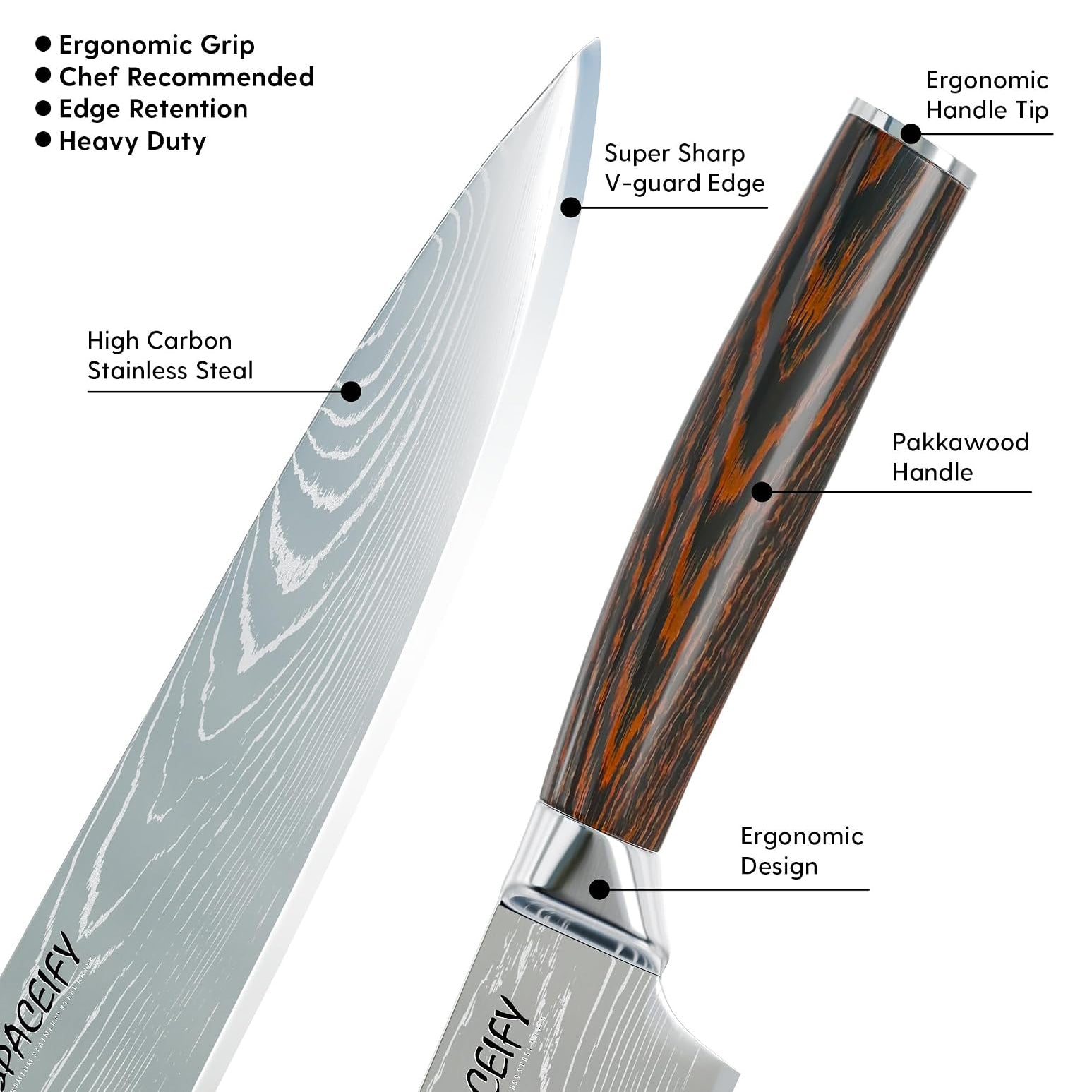 SPACEIFY 8" Chef Knife - Rustproof Food-Grade German Stainless Steel Blade - Anti-Tarnish Chrome Finish, Ergonomic 5" Pakkawood Handle - Kitchen Knife with Sharpener, Sheath, Gift Box