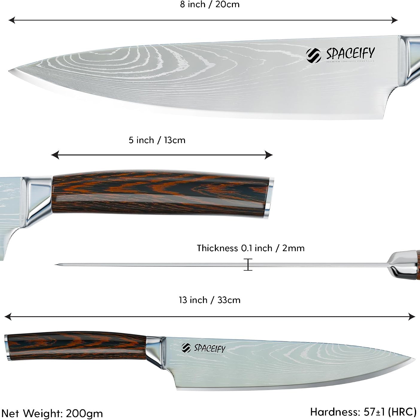 SPACEIFY 8" Chef Knife - Rustproof Food-Grade German Stainless Steel Blade - Anti-Tarnish Chrome Finish, Ergonomic 5" Pakkawood Handle - Kitchen Knife with Sharpener, Sheath, Gift Box