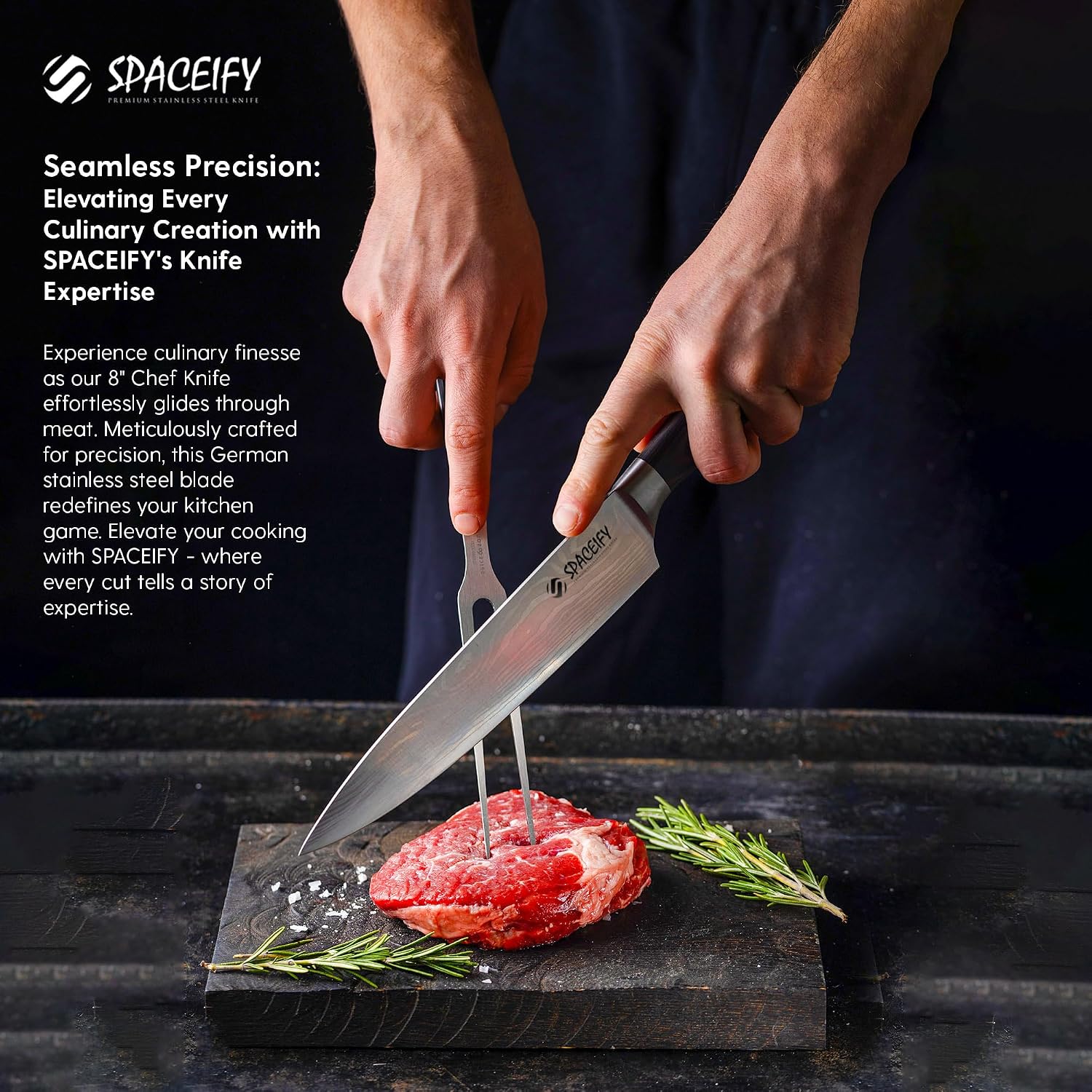 SPACEIFY 8" Chef Knife - Rustproof Food-Grade German Stainless Steel Blade - Anti-Tarnish Chrome Finish, Ergonomic 5" Pakkawood Handle - Kitchen Knife with Sharpener, Sheath, Gift Box