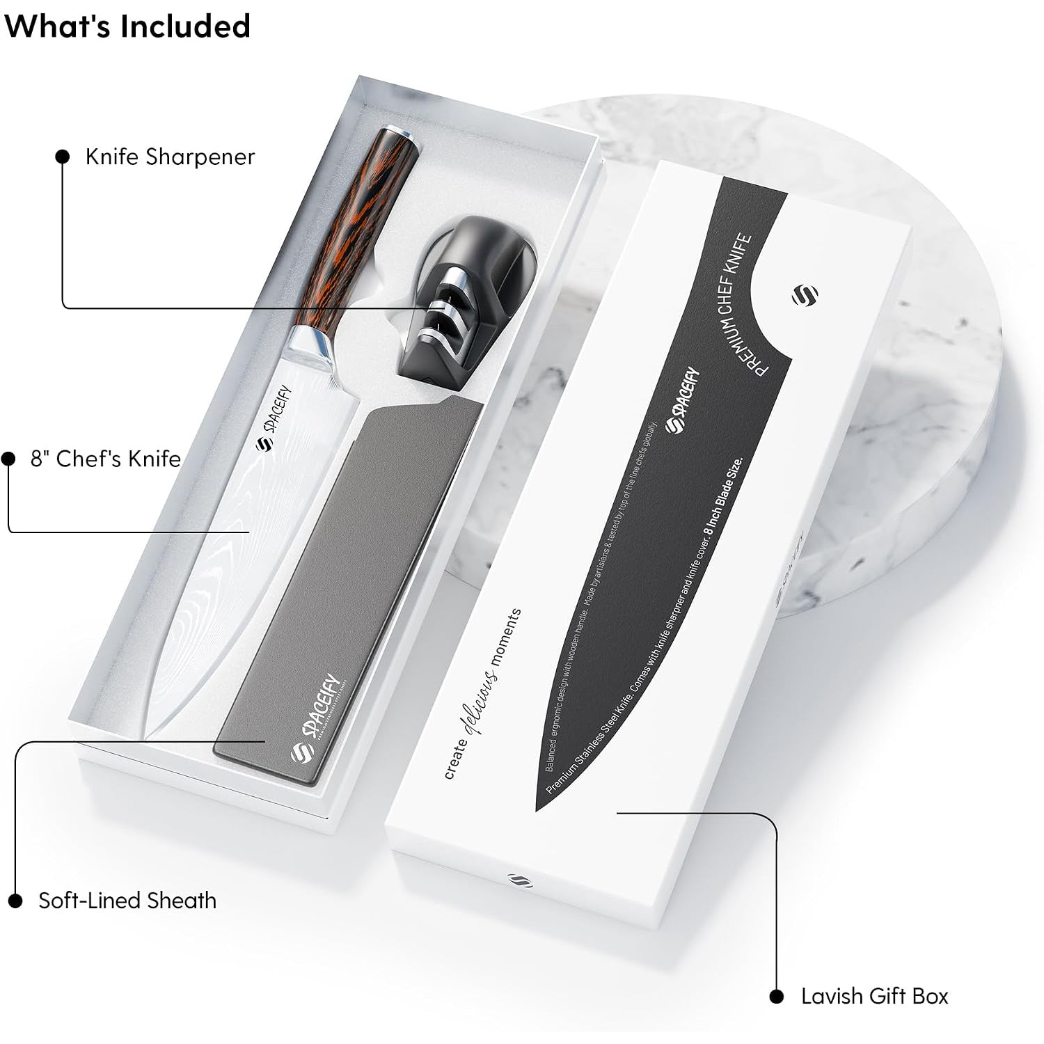 SPACEIFY 8" Chef Knife - Rustproof Food-Grade German Stainless Steel Blade - Anti-Tarnish Chrome Finish, Ergonomic 5" Pakkawood Handle - Kitchen Knife with Sharpener, Sheath, Gift Box