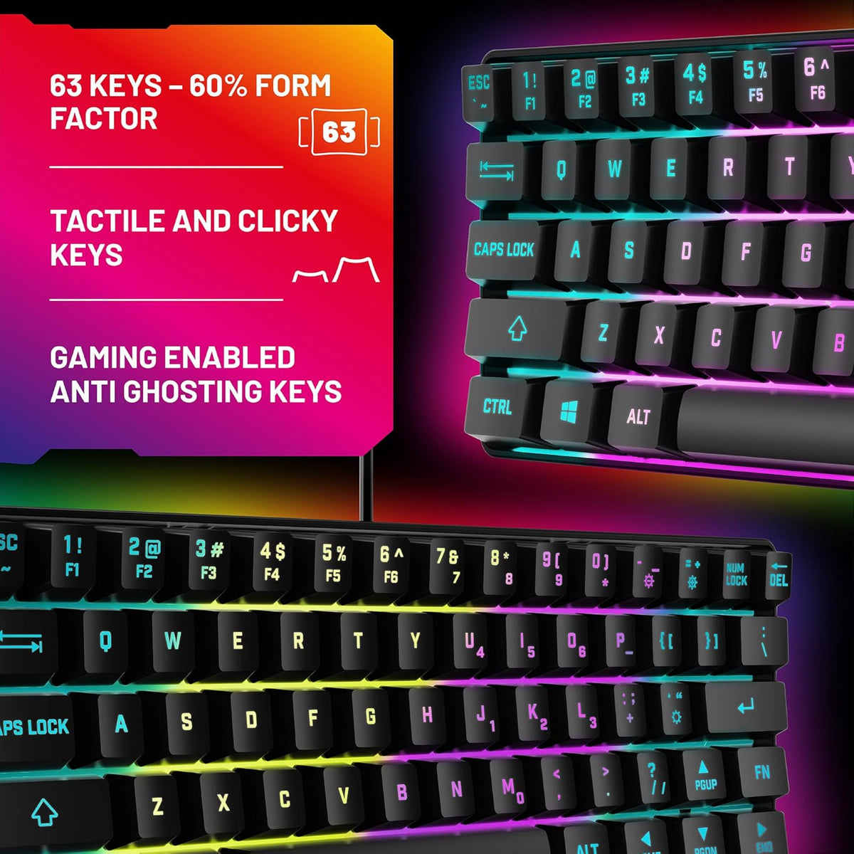 STEALTH Light Up Ultra Compact Mini Gaming Keyboard Weighted Base and Multicolour Lighting Effects - Black