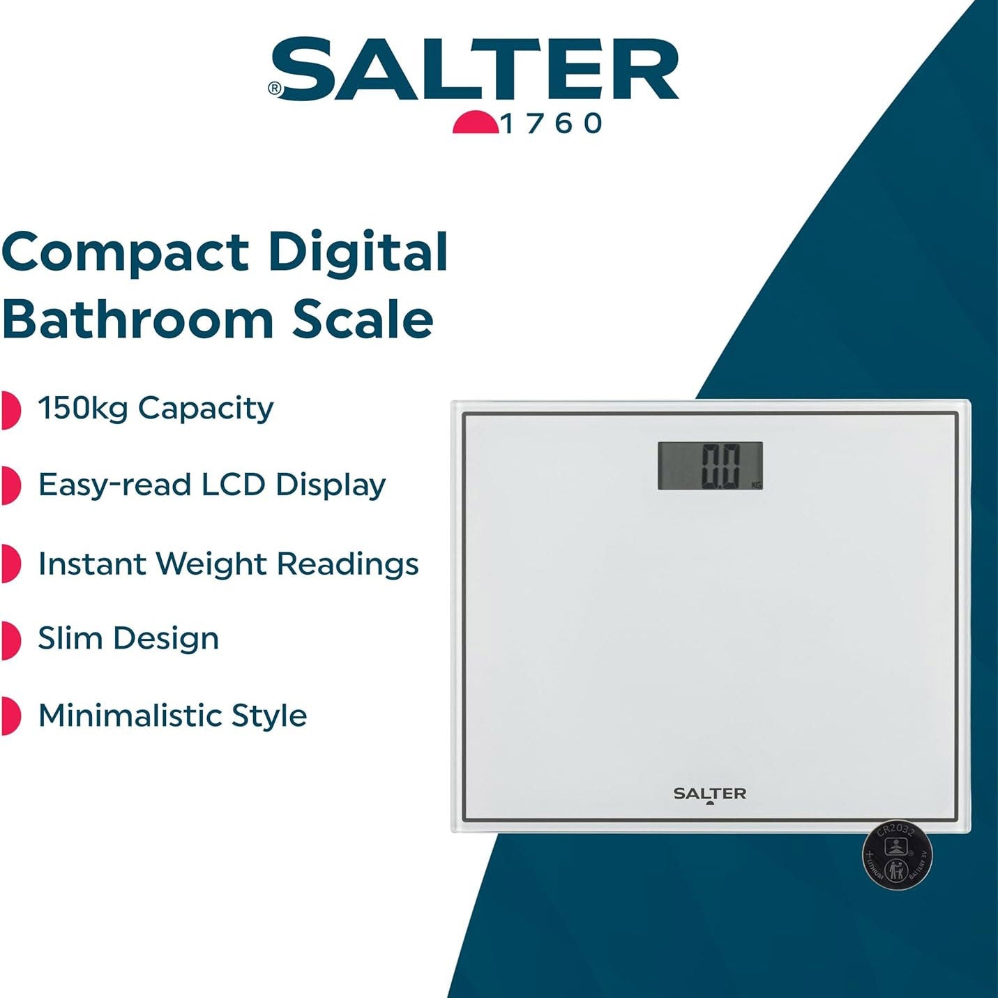 Salter Compact Electronic Digital Bodyweight Scale, 150kg Max Slim For Neat Storage