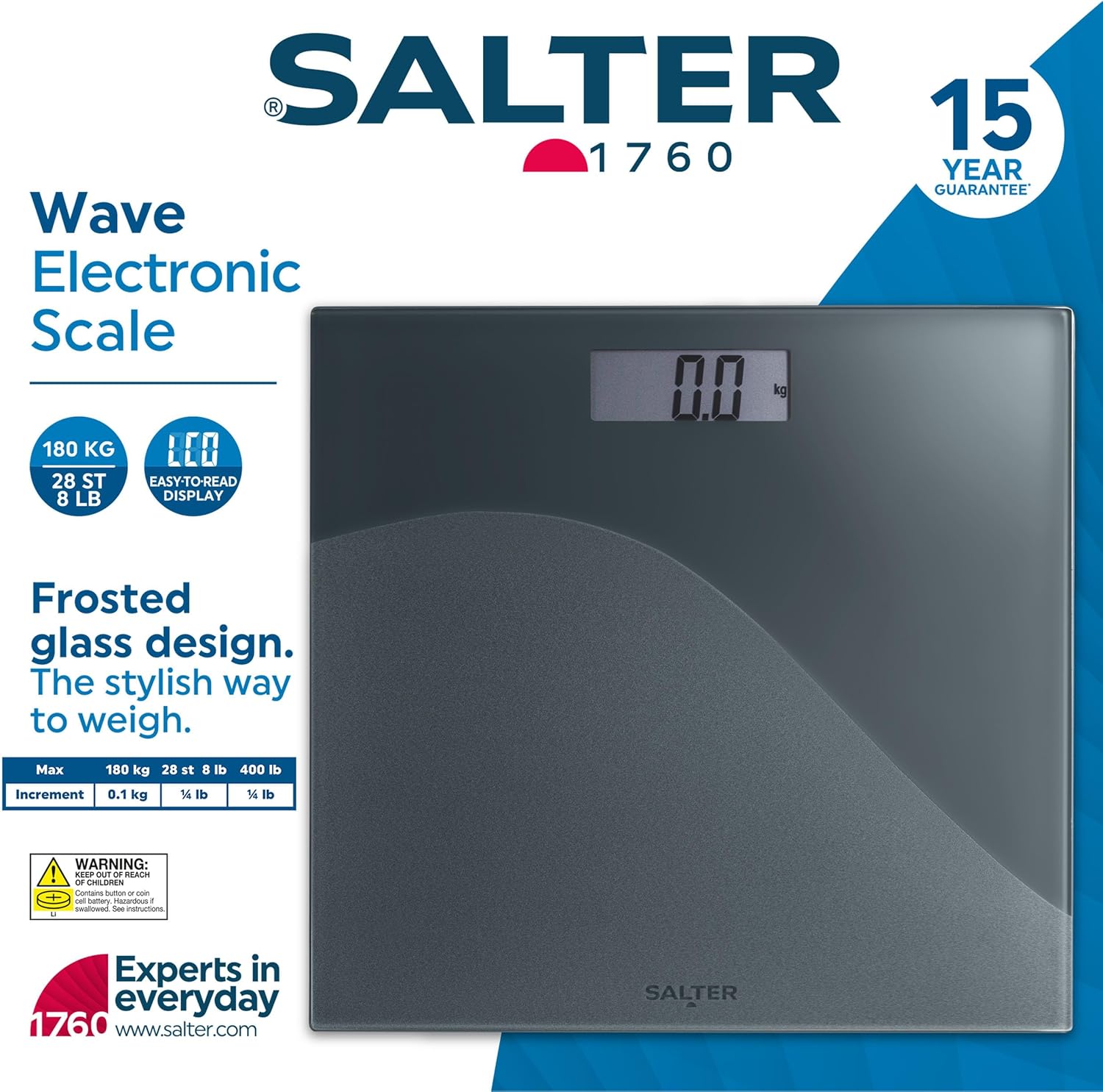 Salter Digital Bathroom Body Weight Scale – Wave Design Frosted Glass Textured Platform, 180 kg Max (Black)