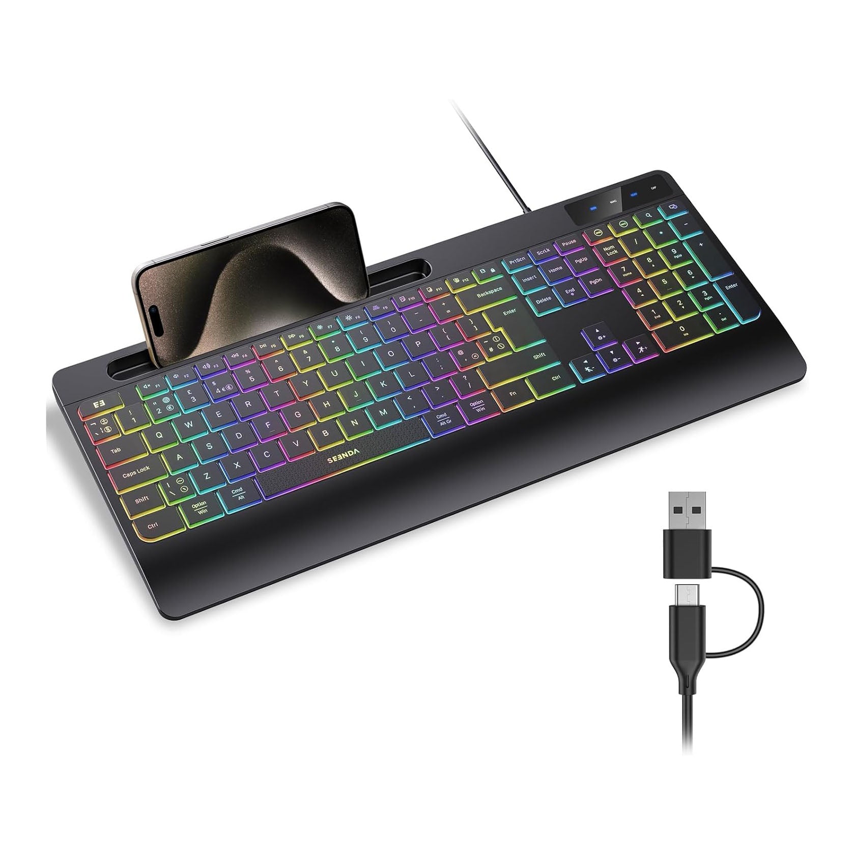 Seenda KOE200 Wired RGB Backlit Keyboard Quiet with Phone Holder and Palm Support for Windows and M-ac Systems, 2-in-1 USB and Type C Connector for PC Laptop Computer M-ac, Black
