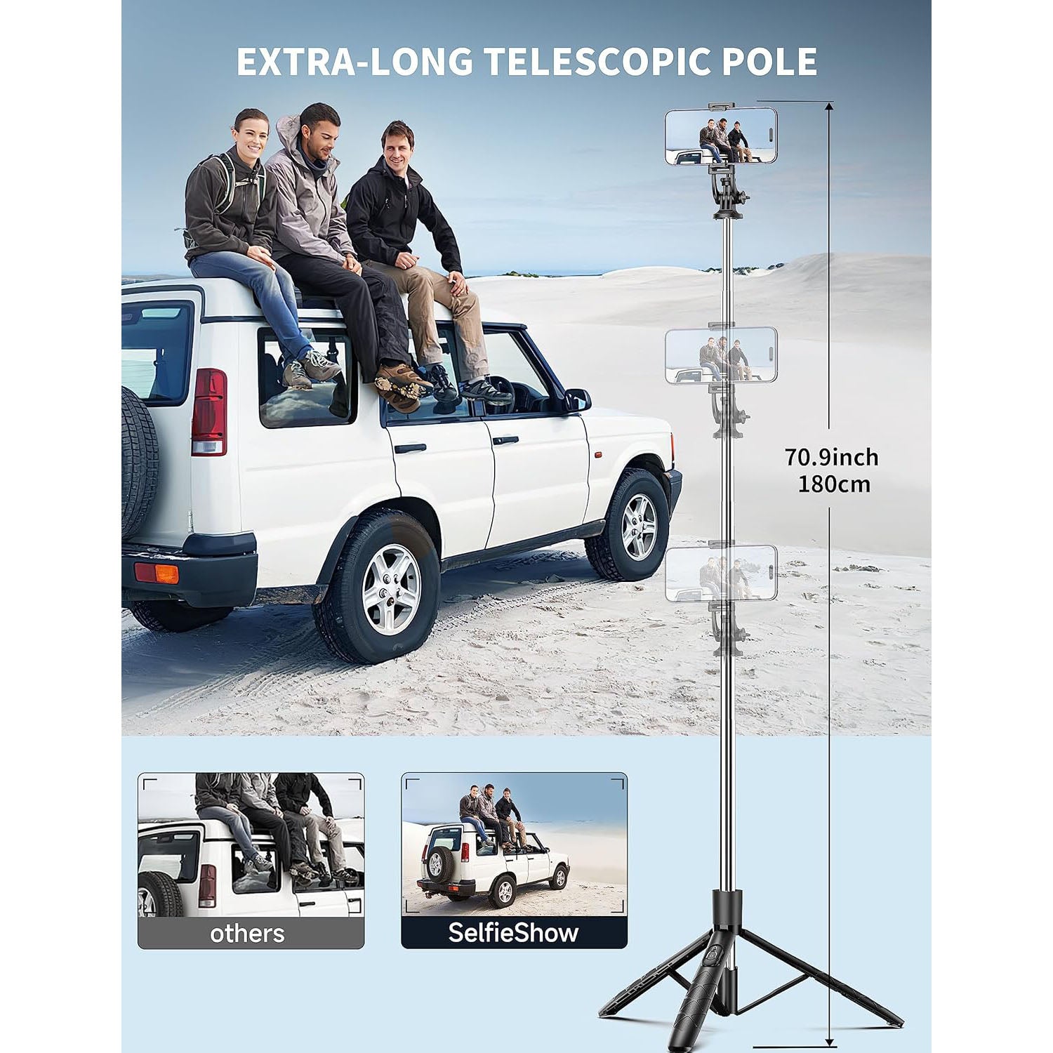SelfieShow 71" Cell Phone Selfie Stick Tripod, Smartphone Tripod Stand with Remote, Extendable Travel Phone Selfie Stick Compatible with iP 17/16/15/14/13 Pro Max Gopro Android DJI (White)