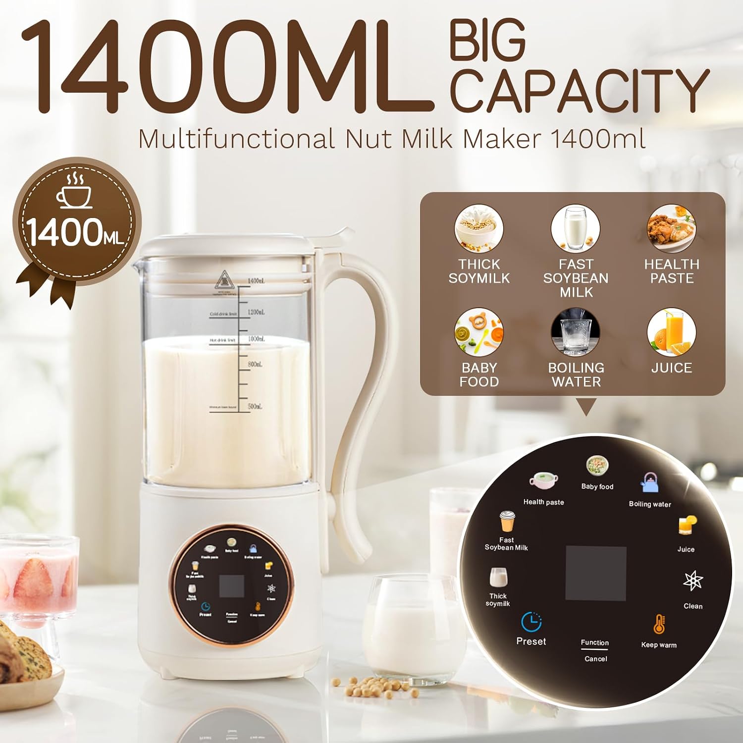 Soybean Milk Maker Machine, 47oz/1400ML Automatic Nut Milk Maker 8 in 1 Multi Functional Homemade Plant-Based Milk with Delay Start/AutoClean/KeepWarm/Boil Water