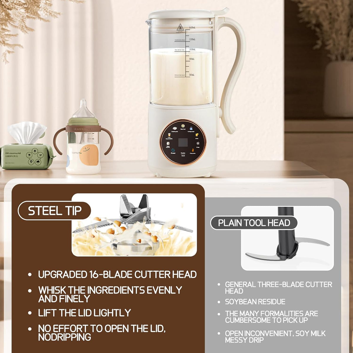 Soybean Milk Maker Machine, 47oz/1400ML Automatic Nut Milk Maker 8 in 1 Multi Functional Homemade Plant-Based Milk with Delay Start/AutoClean/KeepWarm/Boil Water