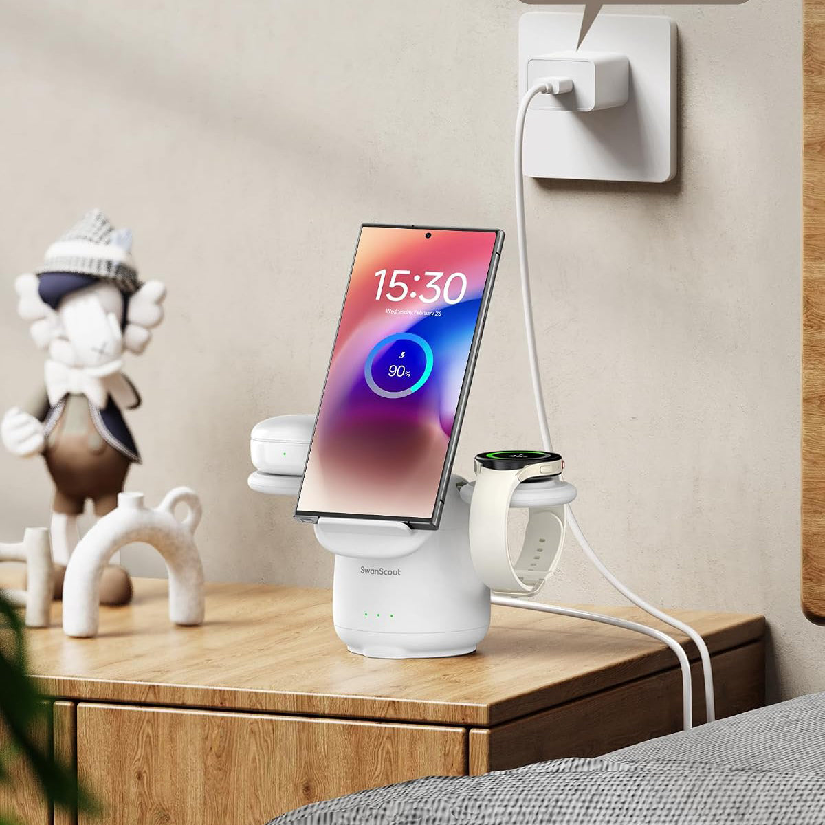 SwanScout 707S 3 in 1 Fast Charging Station for Samsung S25 Ultra/S24/S23/Z Flip7/Z Fold 7, Fast Wireless Charger for Galaxy Watch 7/6/5 Pro/4/Buds
