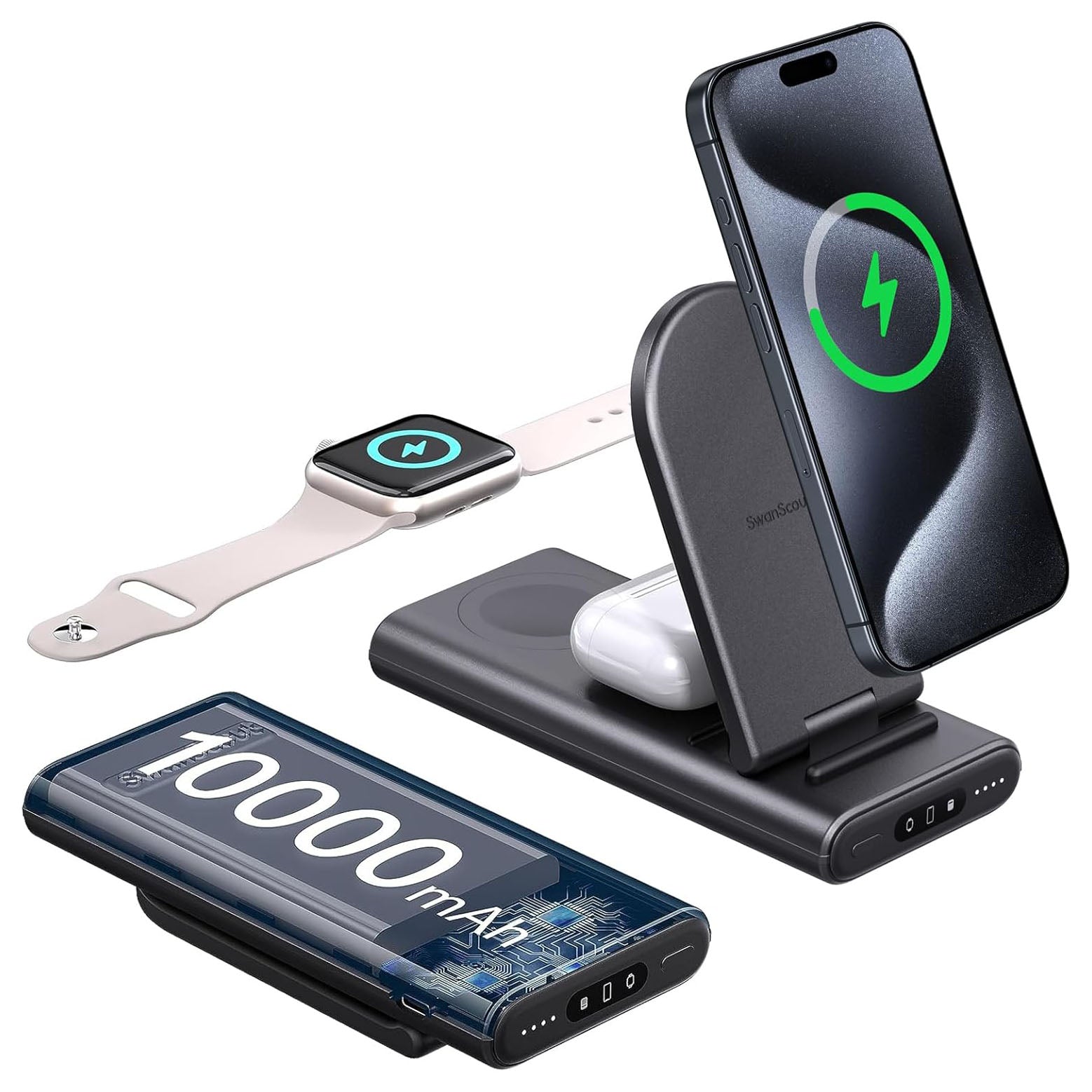 SwanScout Portable Charging Station for Appl, 10000mAh Foldable Wireless Charger for iPhon 15/14/13/12/Series, Appl Watch Ultra 2/9/8/7/5/4/3/SE