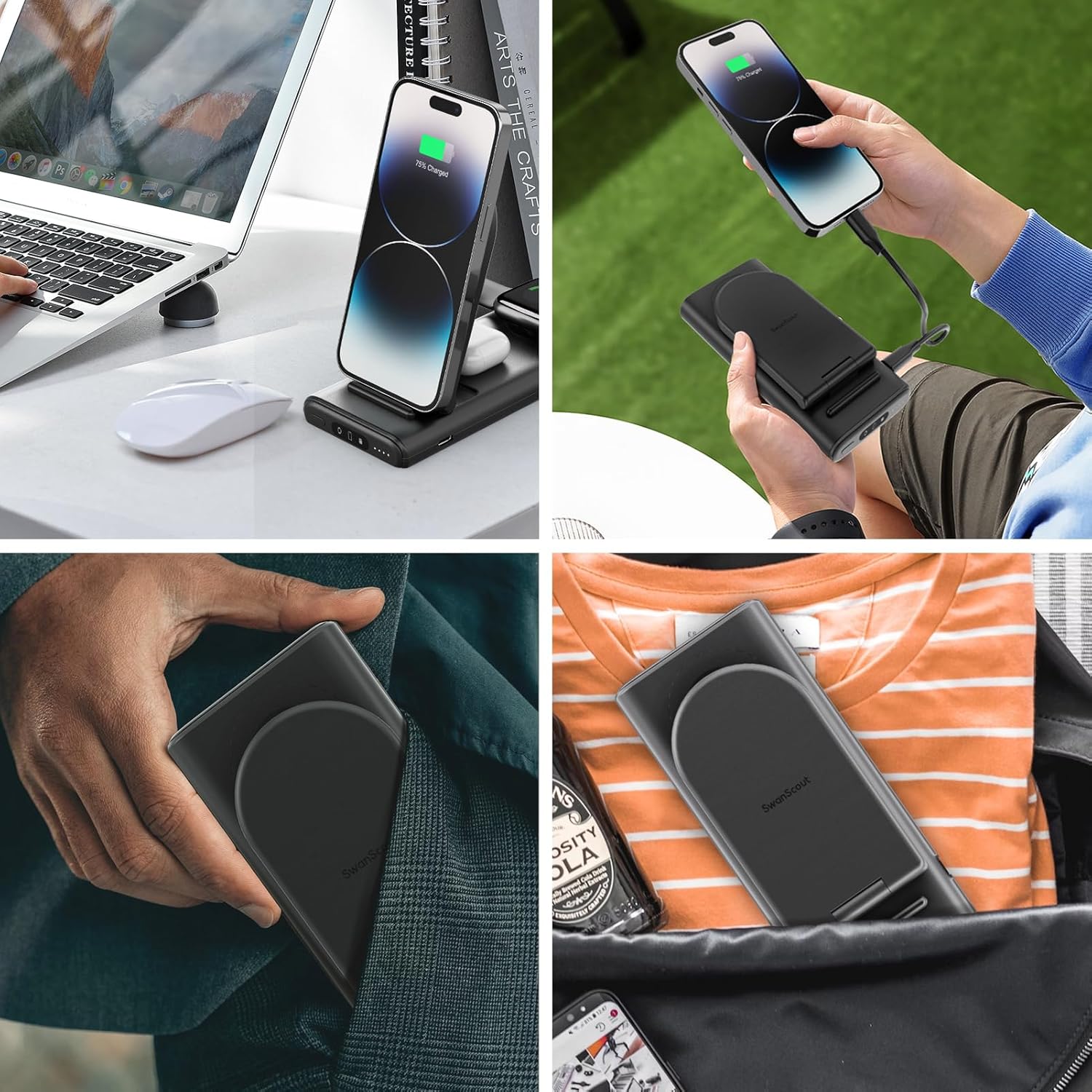 SwanScout Portable Charging Station for Appl, 10000mAh Foldable Wireless Charger for iPhon 15/14/13/12/Series, Appl Watch Ultra 2/9/8/7/5/4/3/SE