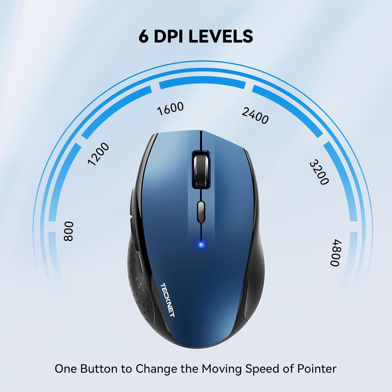 TECKNET Bluetooth Mouse, 4800 DPI Wireless Mouse 6 Adjustable DPI, 6 Buttons Compatible with Laptop/Windows/Computer - Blue