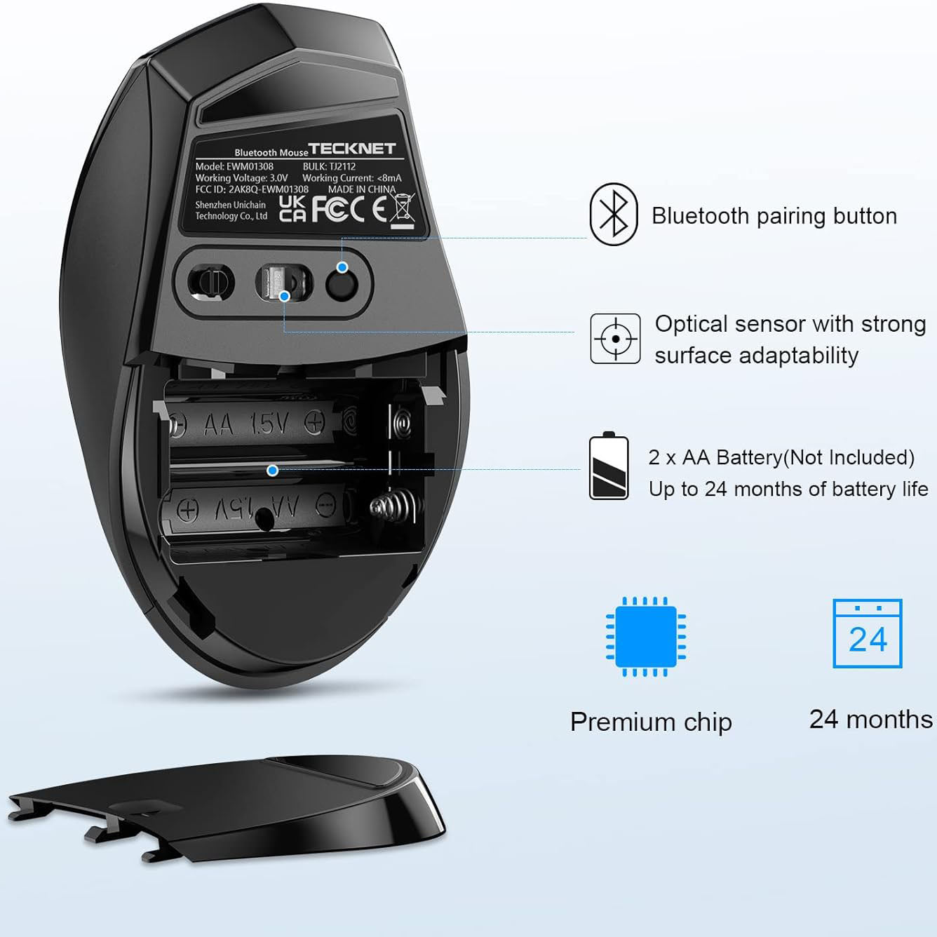 TECKNET Bluetooth Mouse, 4800 DPI Wireless Mouse 6 Adjustable DPI, 6 Buttons Compatible with Laptop/Windows/Computer - Blue