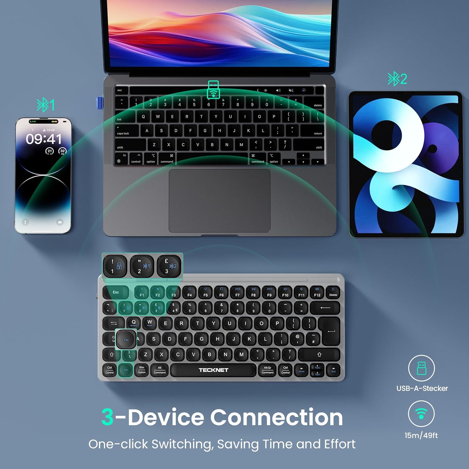 TECKNET Bluetooth Wireless Keyboard - Small Compact Rechargeable 2.4GHz USB Keyboard with 500mAh Battery Capacity for 3 Devices, Widely Compatible with Laptop, PC, UK Layout, TK-KB008