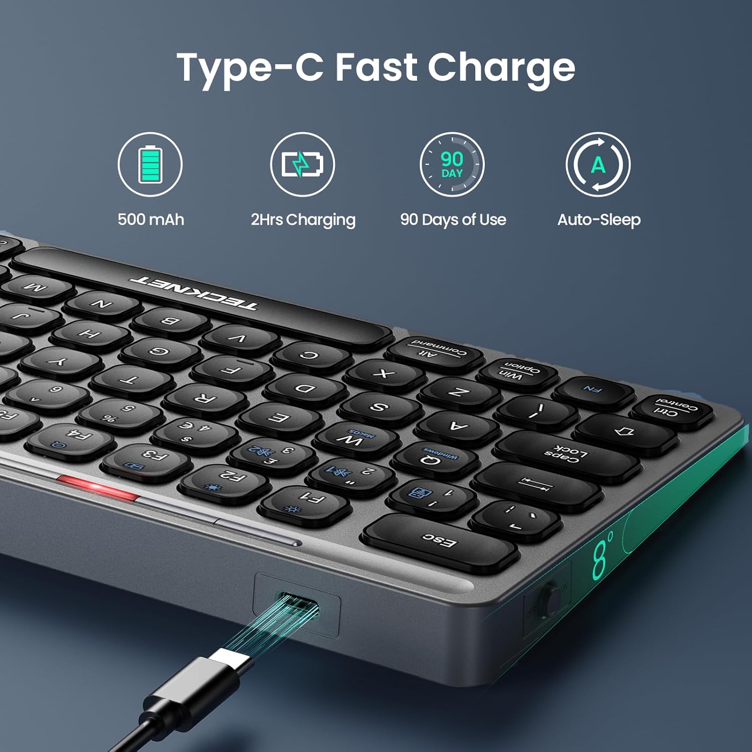 TECKNET Bluetooth Wireless Keyboard - Small Compact Rechargeable 2.4GHz USB Keyboard with 500mAh Battery Capacity for 3 Devices, Widely Compatible with Laptop, PC, UK Layout, TK-KB008