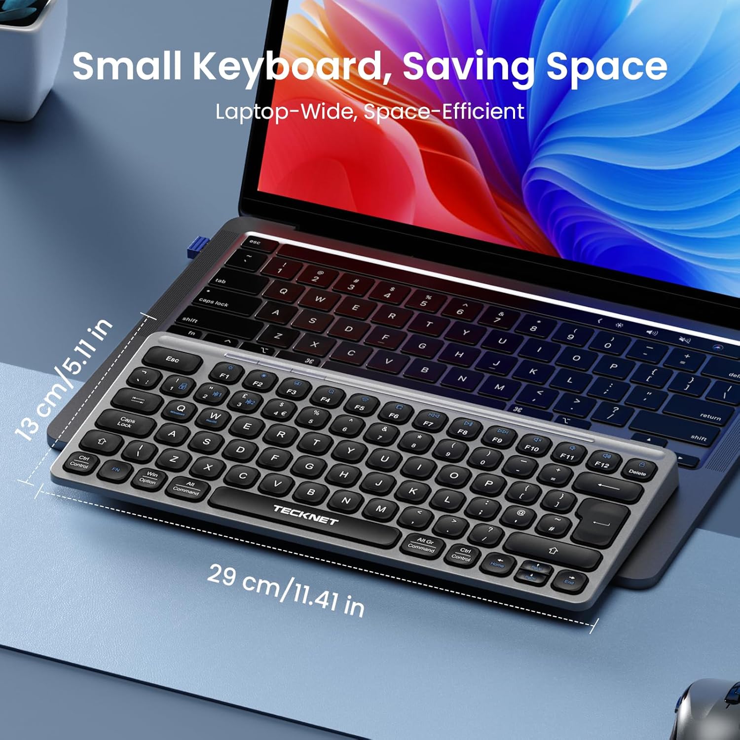 TECKNET Bluetooth Wireless Keyboard - Small Compact Rechargeable 2.4GHz USB Keyboard with 500mAh Battery Capacity for 3 Devices, Widely Compatible with Laptop, PC, UK Layout, TK-KB008
