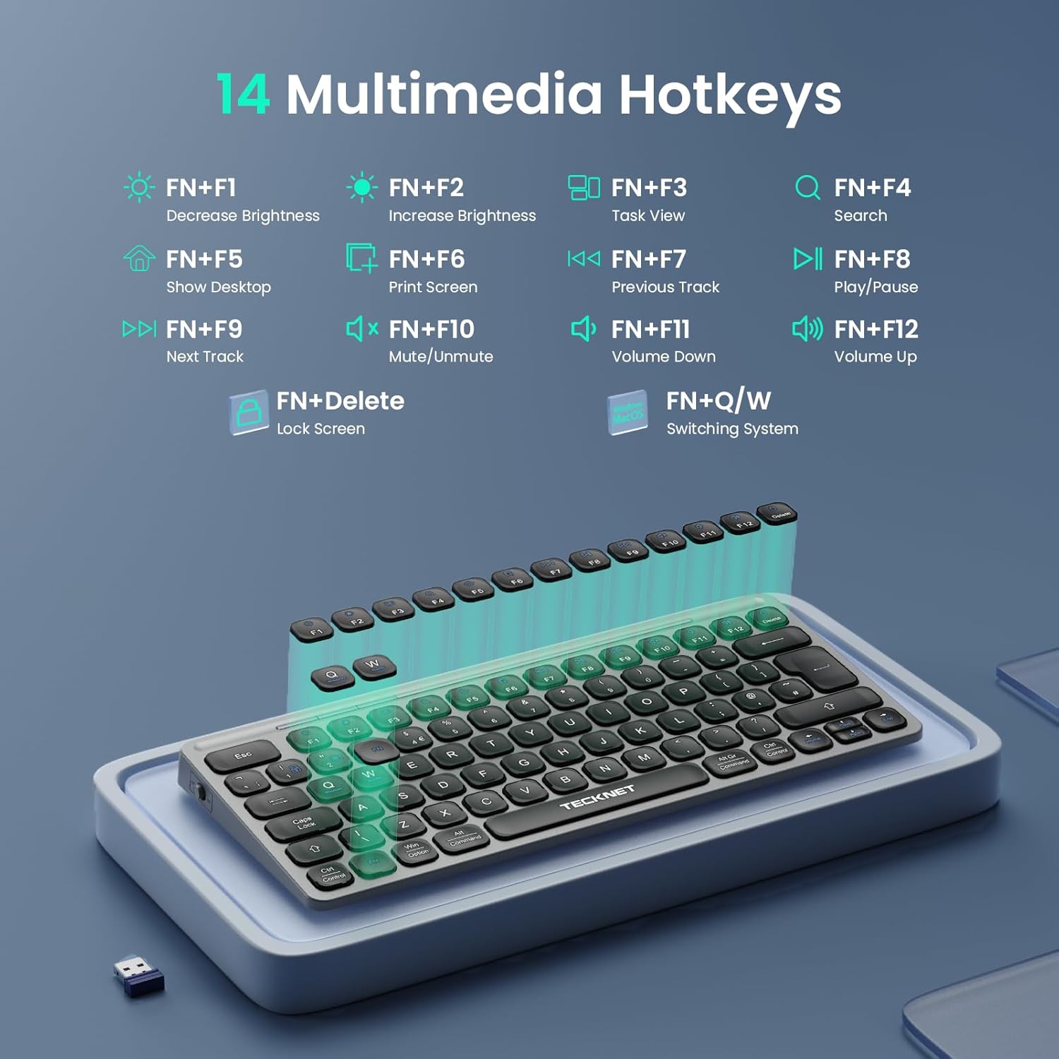 TECKNET Bluetooth Wireless Keyboard - Small Compact Rechargeable 2.4GHz USB Keyboard with 500mAh Battery Capacity for 3 Devices, Widely Compatible with Laptop, PC, UK Layout, TK-KB008
