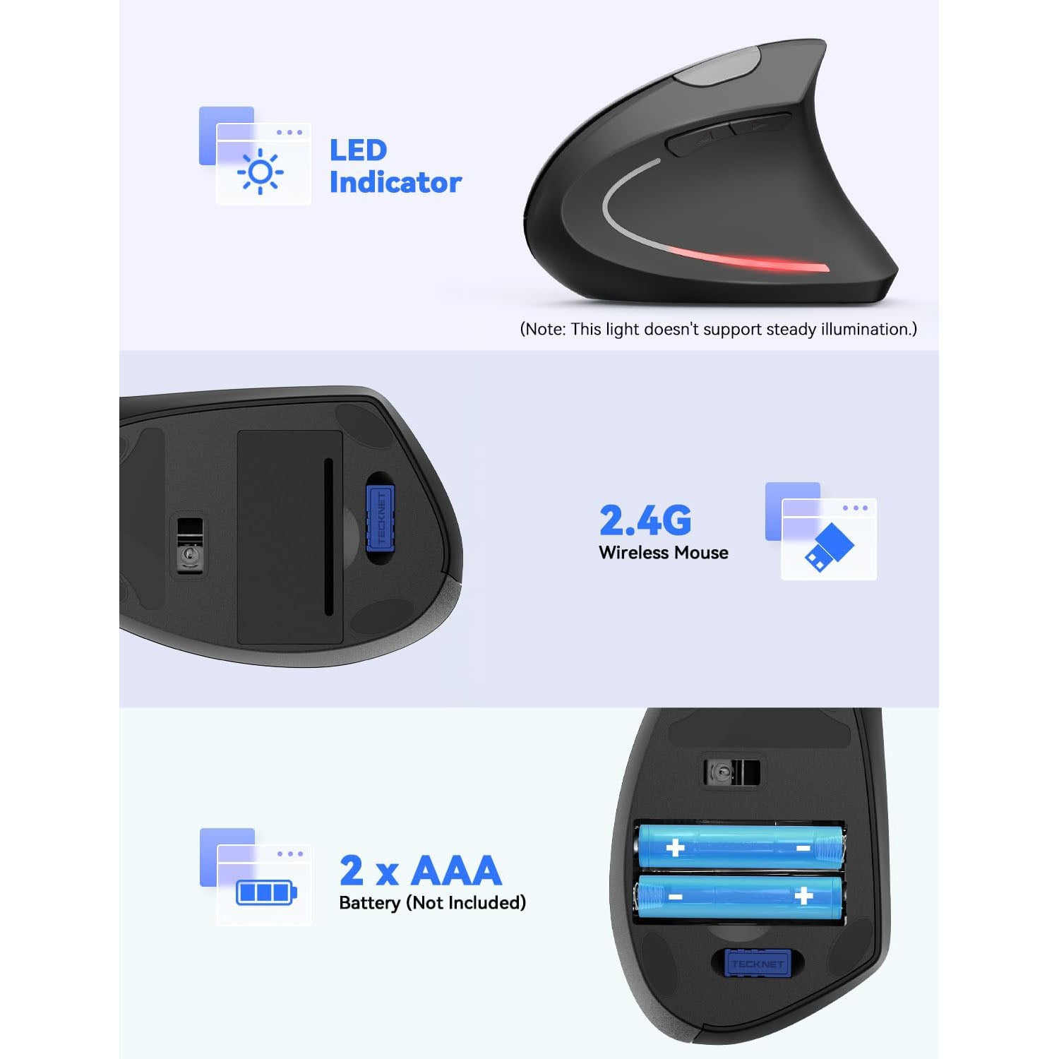 TECKNET Ergonomic Wireless Vertical Mouse, 4800 DPI with 5 Adjustable Levels, 2.4GHz Optical, 6 Buttons for Laptop, Desktop, PC, M-ac - Black