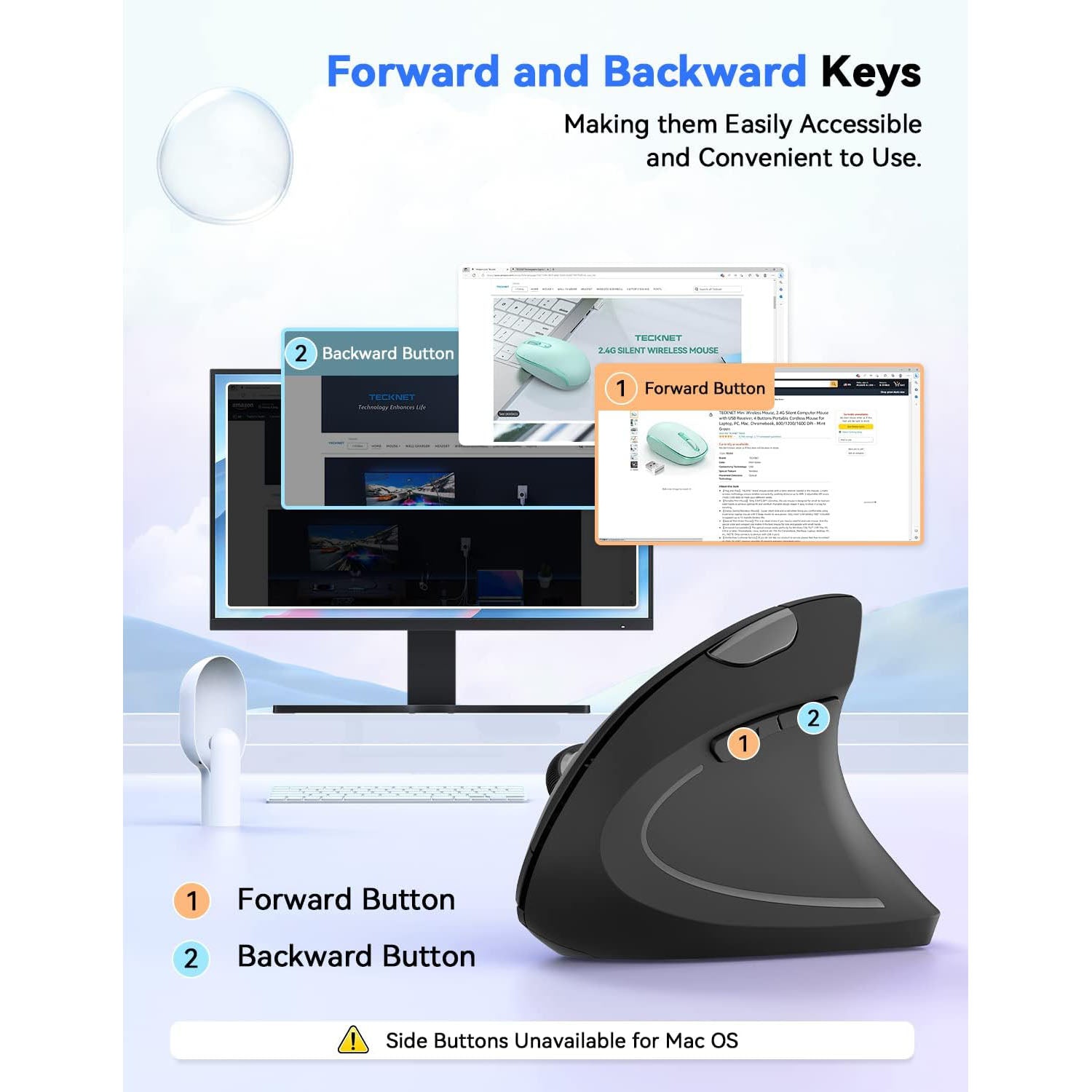 TECKNET Ergonomic Wireless Vertical Mouse, 4800 DPI with 5 Adjustable Levels, 2.4GHz Optical, 6 Buttons for Laptop, Desktop, PC, M-ac - Black