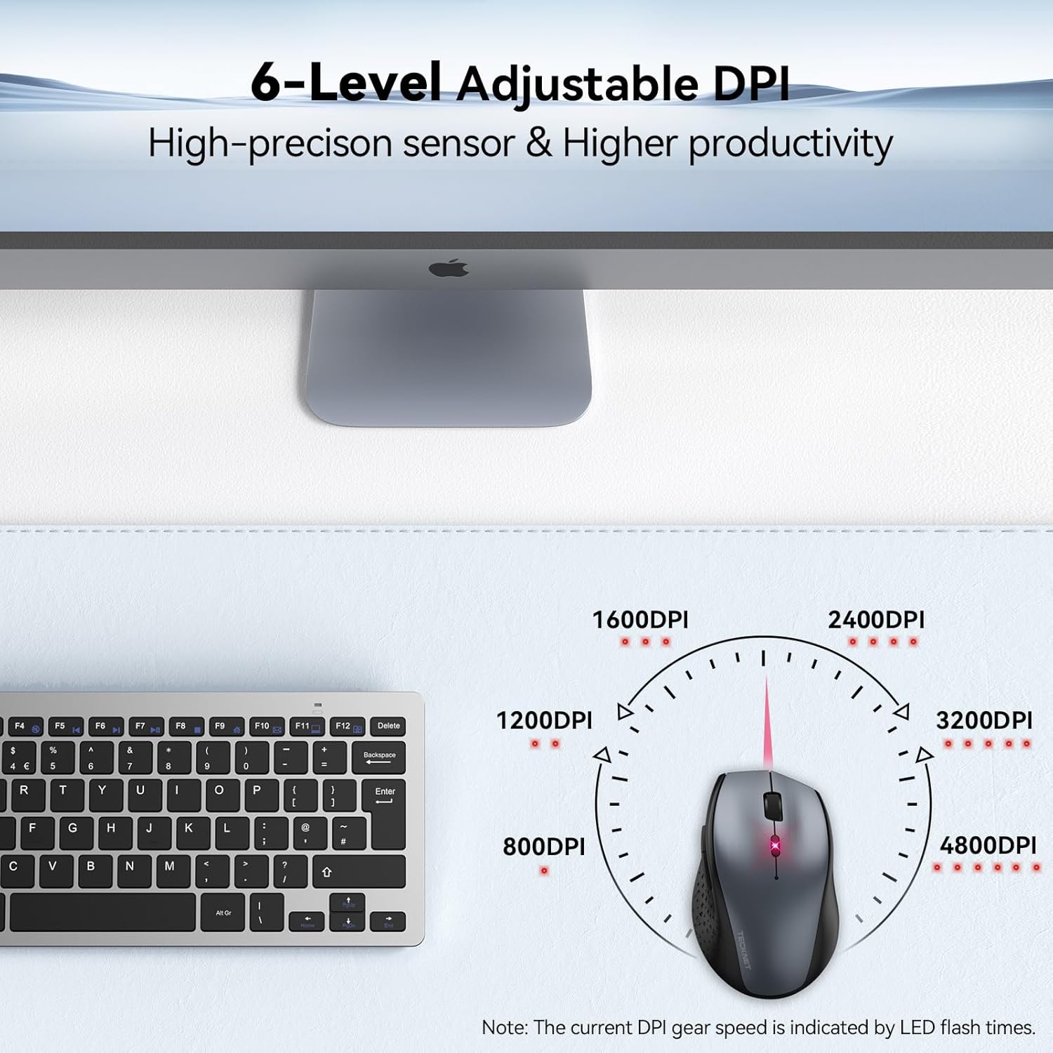 TECKNET Wireless Mouse, 2.4G USB Computer Mouse with 6-Level Adjustable 4800 DPI, Silent Quiet Click, Ergonomic Grips, 6 Buttons Portable for PC, Chromebook, Mac - Grey