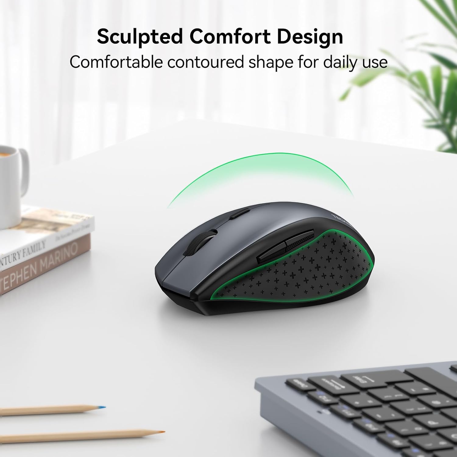 TECKNET Wireless Mouse, 2.4G USB Computer Mouse with 6-Level Adjustable 4800 DPI, Silent Quiet Click, Ergonomic Grips, 6 Buttons Portable for PC, Chromebook, Mac - Grey